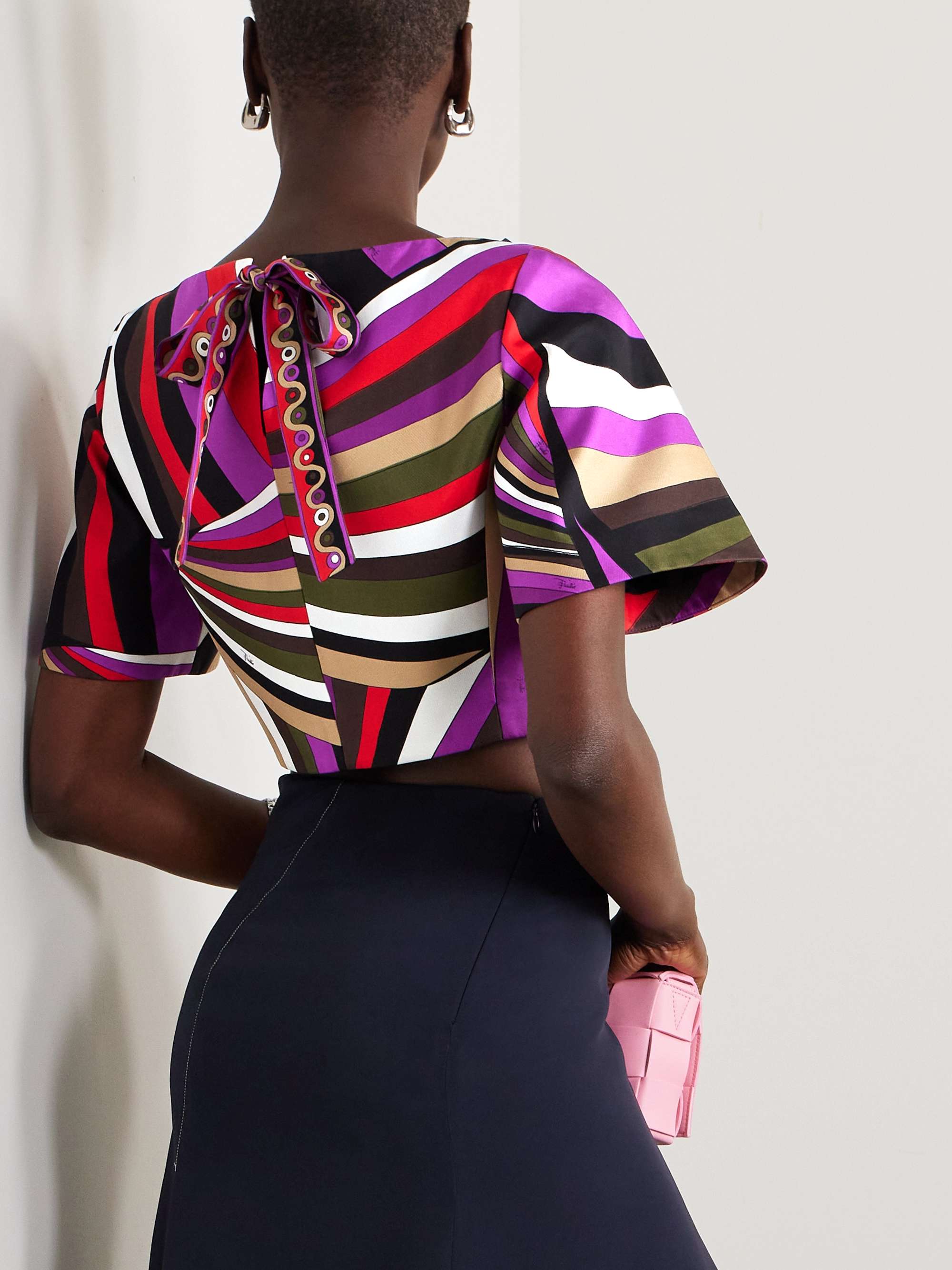 Asymmetric cropped printed silk-twill blouse view