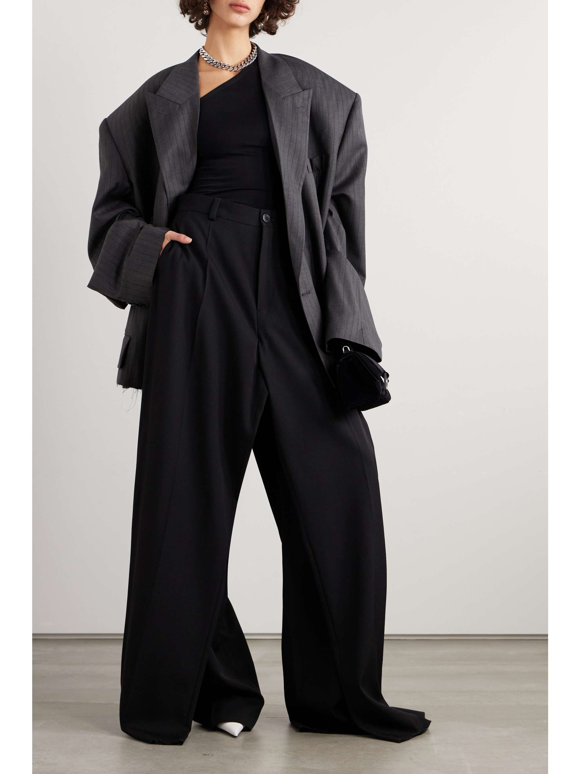Oversized double-breasted distressed pinstriped wool blazer view