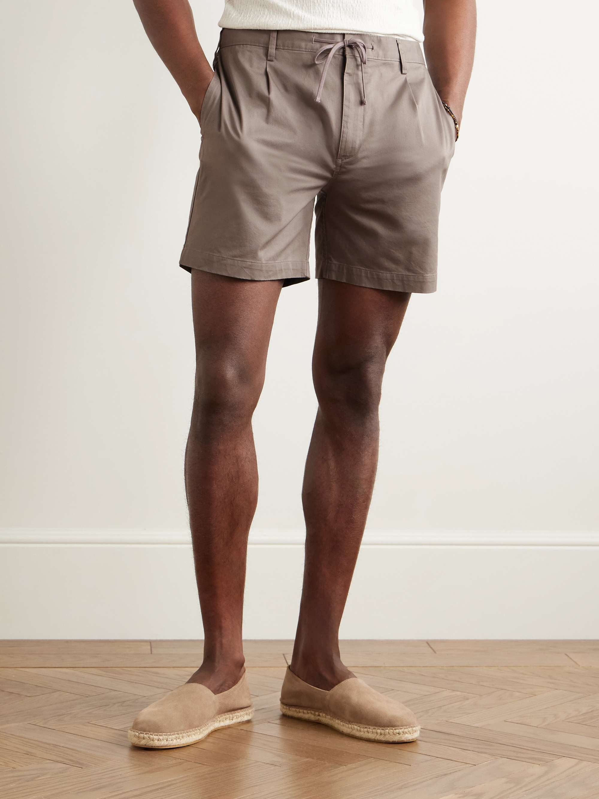 Slim-Fit Straight-Leg Pleated Garment-Dyed Stretch-Cotton Drawstring Shorts view