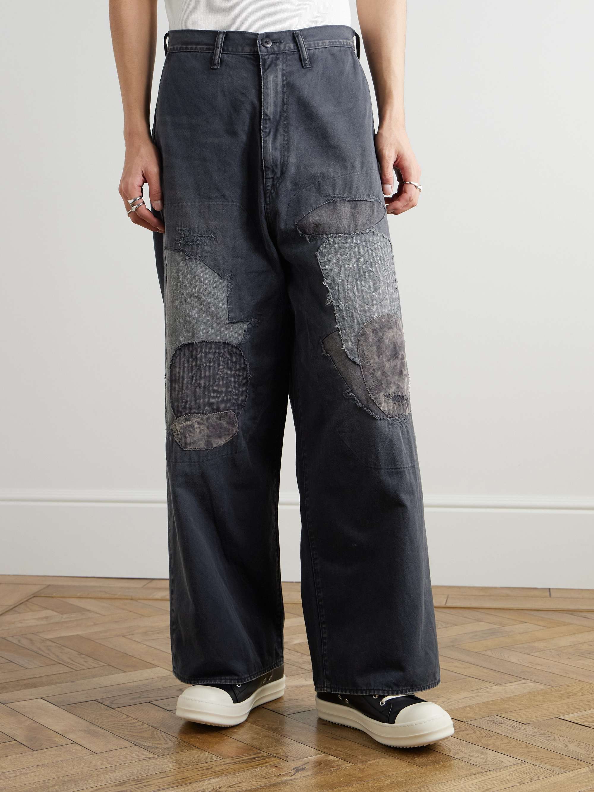 Katsuragi Port Straight-Leg Patchwork Distressed Cotton-Twill Trousers view