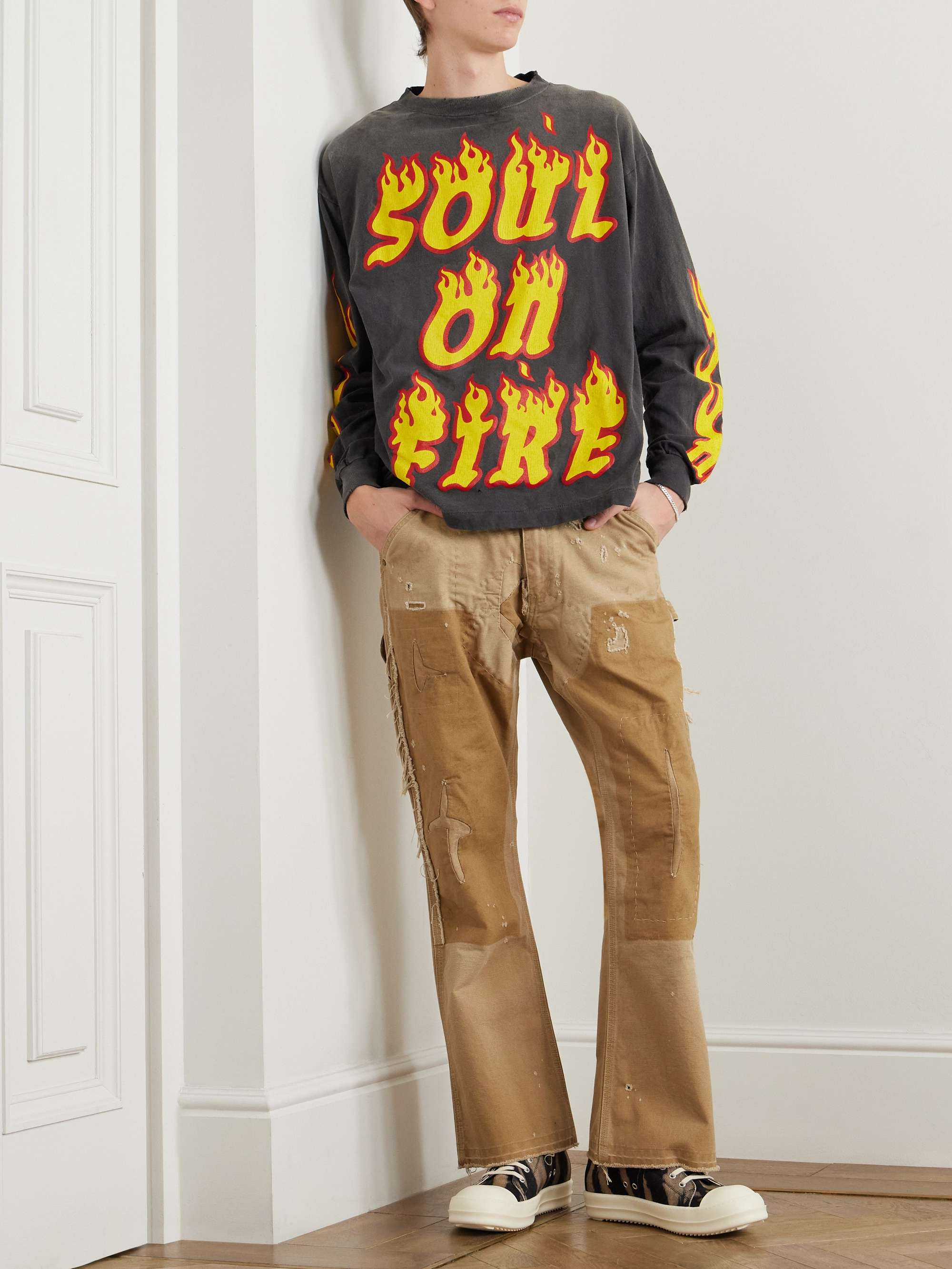 Bootcut Distressed Cotton-Canvas Trousers view