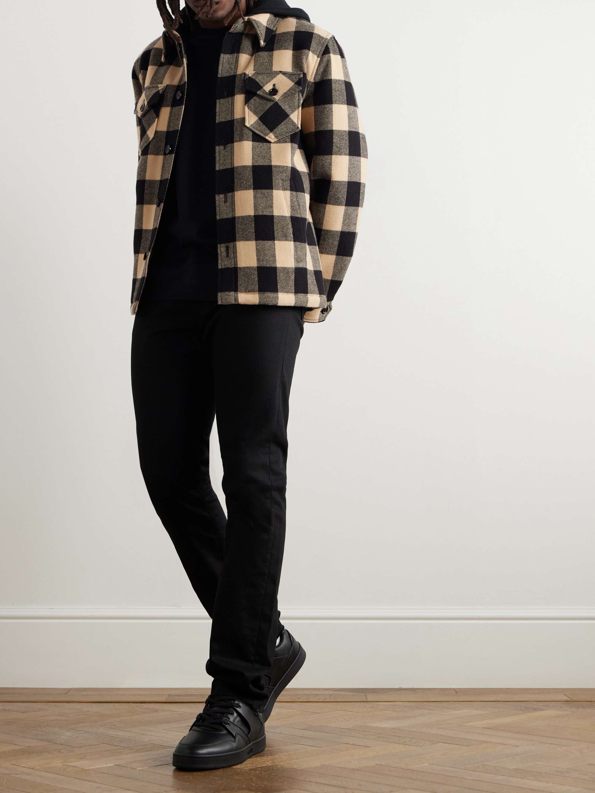 Logo-Print Cotton Jersey-Trimmed Padded Checked Wool Hooded Overshirt view