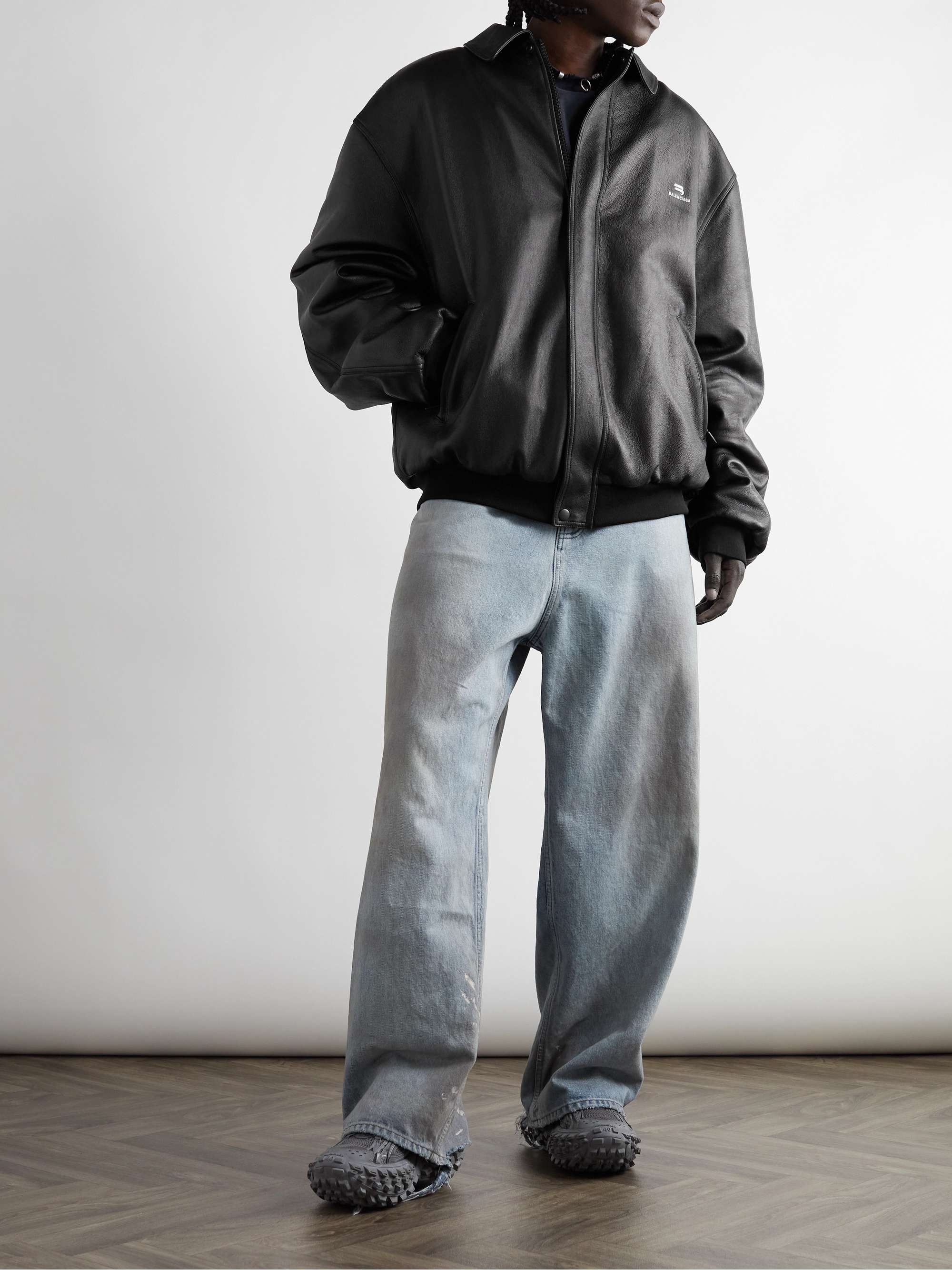 Logo-Embroidered Leather Blouson Jacket view