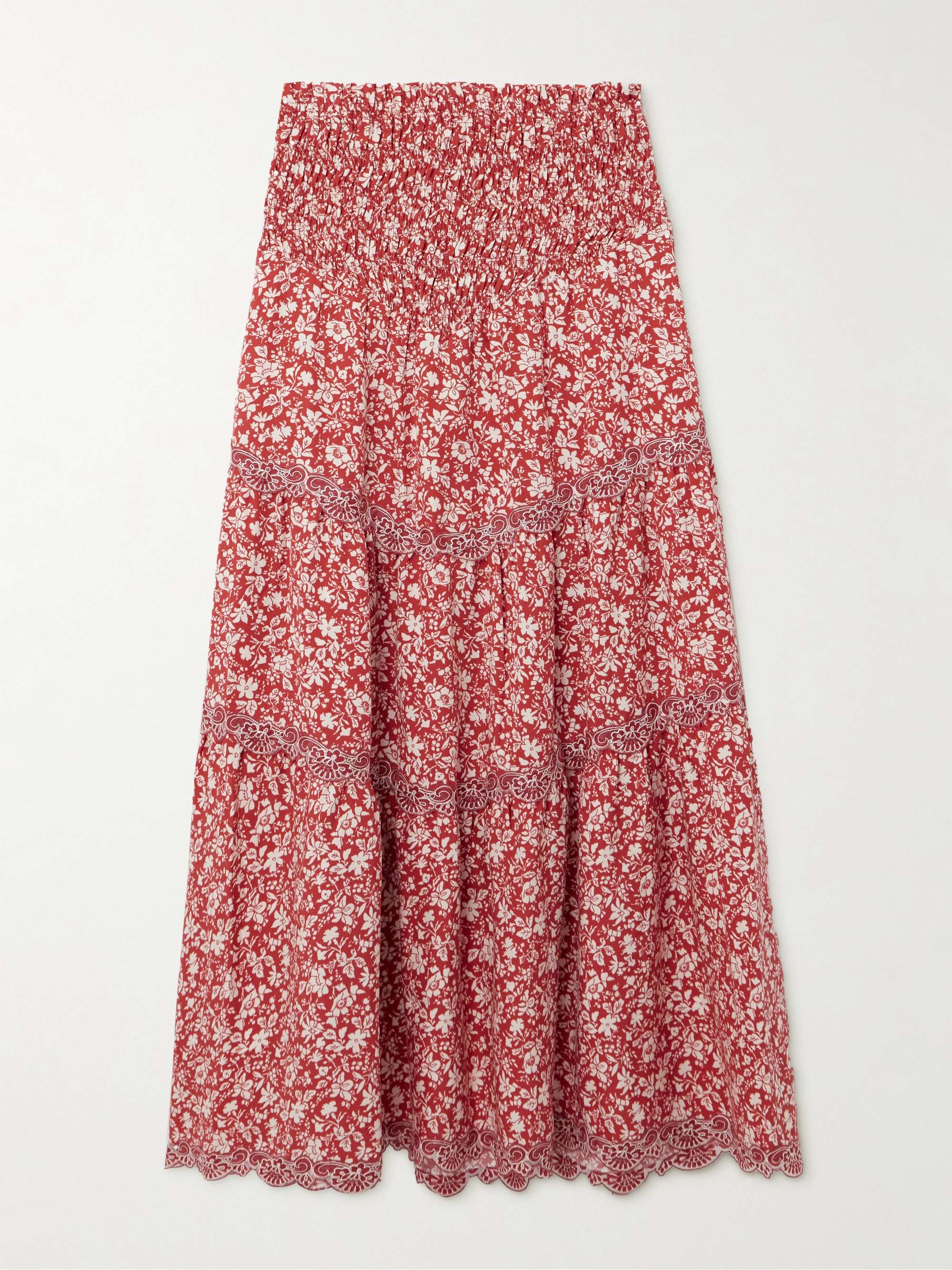 Ninfa shirred lace-trimmed floral-print Lyocell midi skirt view