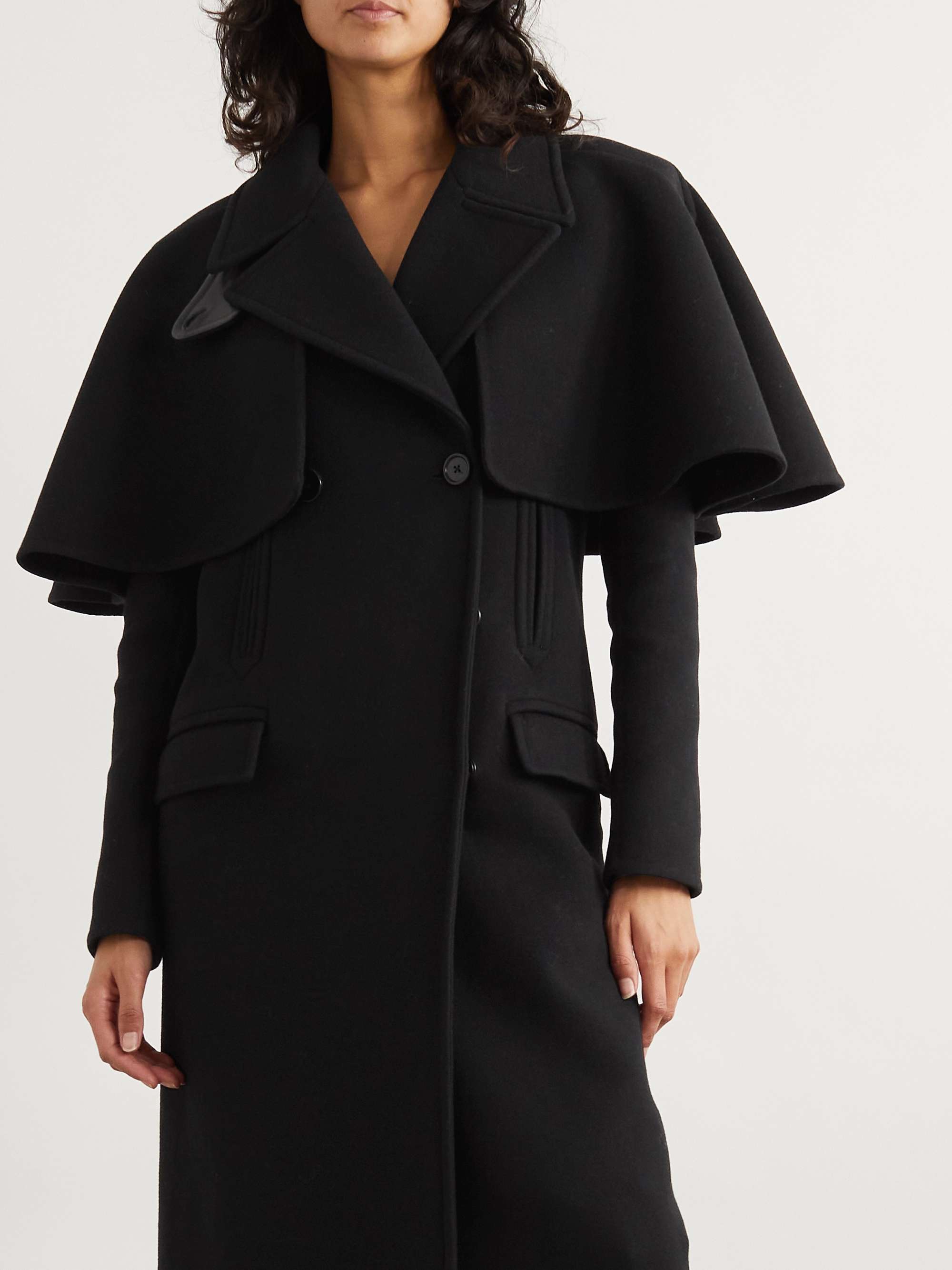 Cape-effect double-breasted leather-trimmed wool coat view