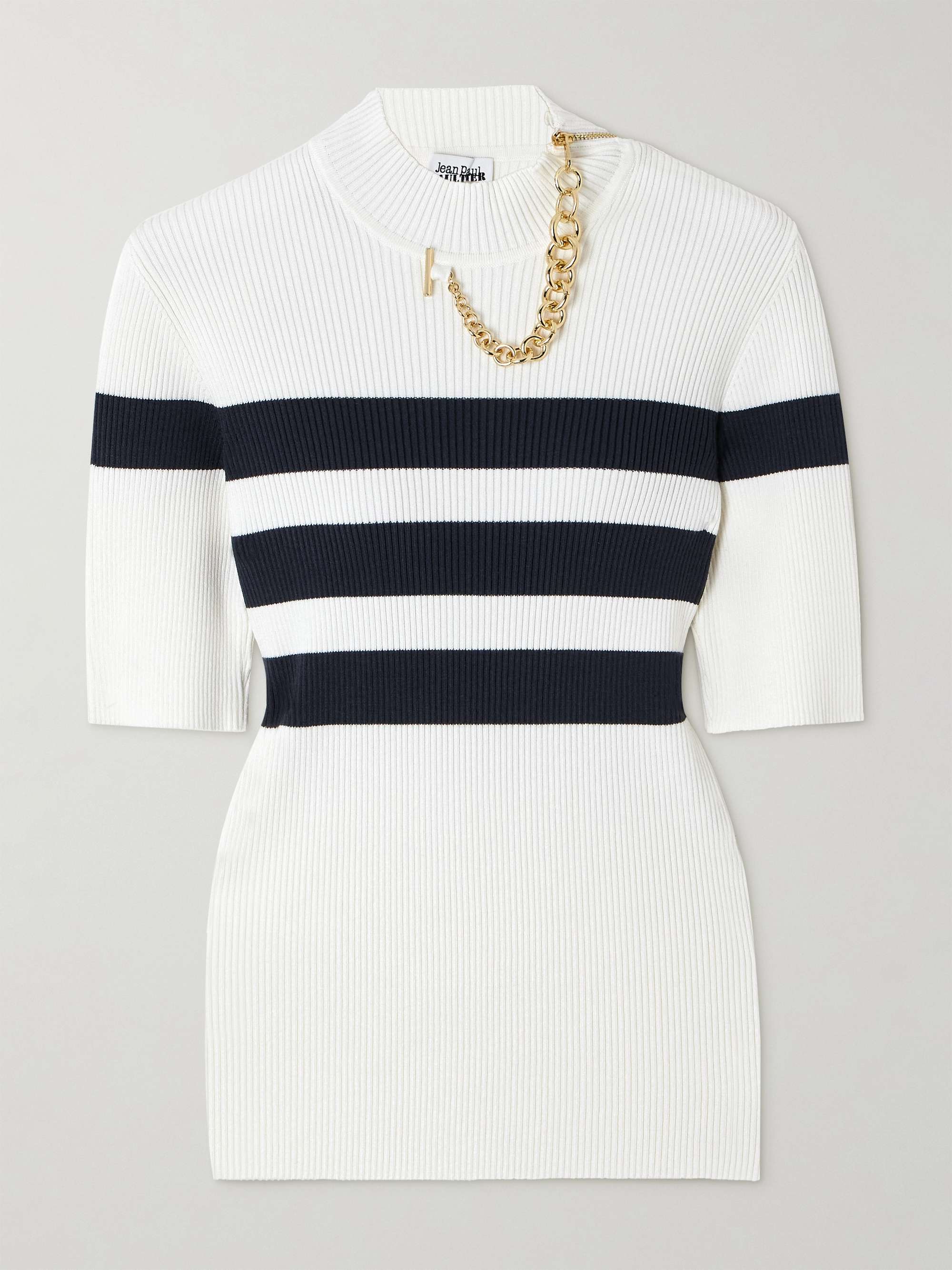 Embellished striped ribbed-knit turtleneck sweater view
