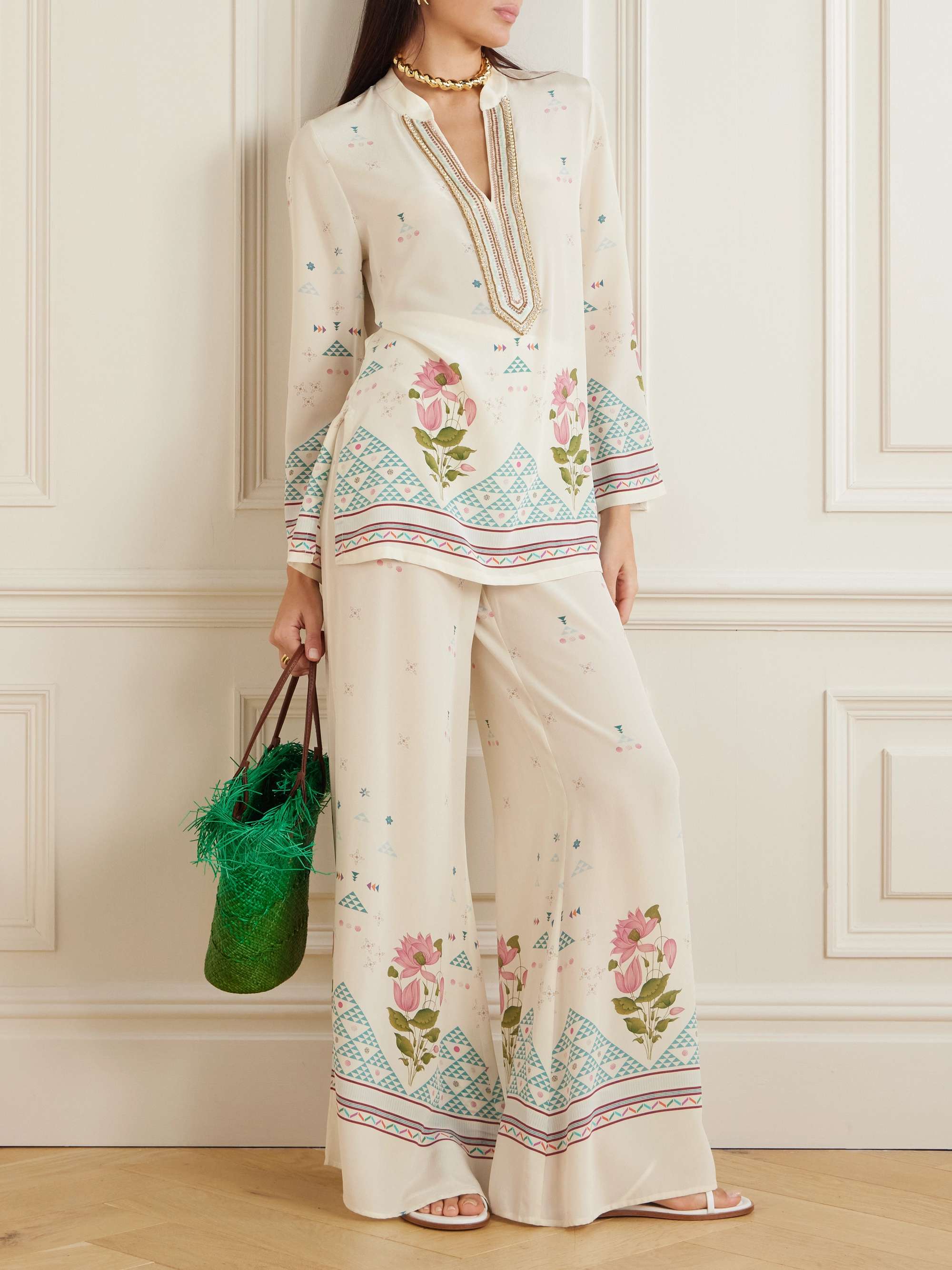 Jamila embellished printed silk-crepe kaftan view