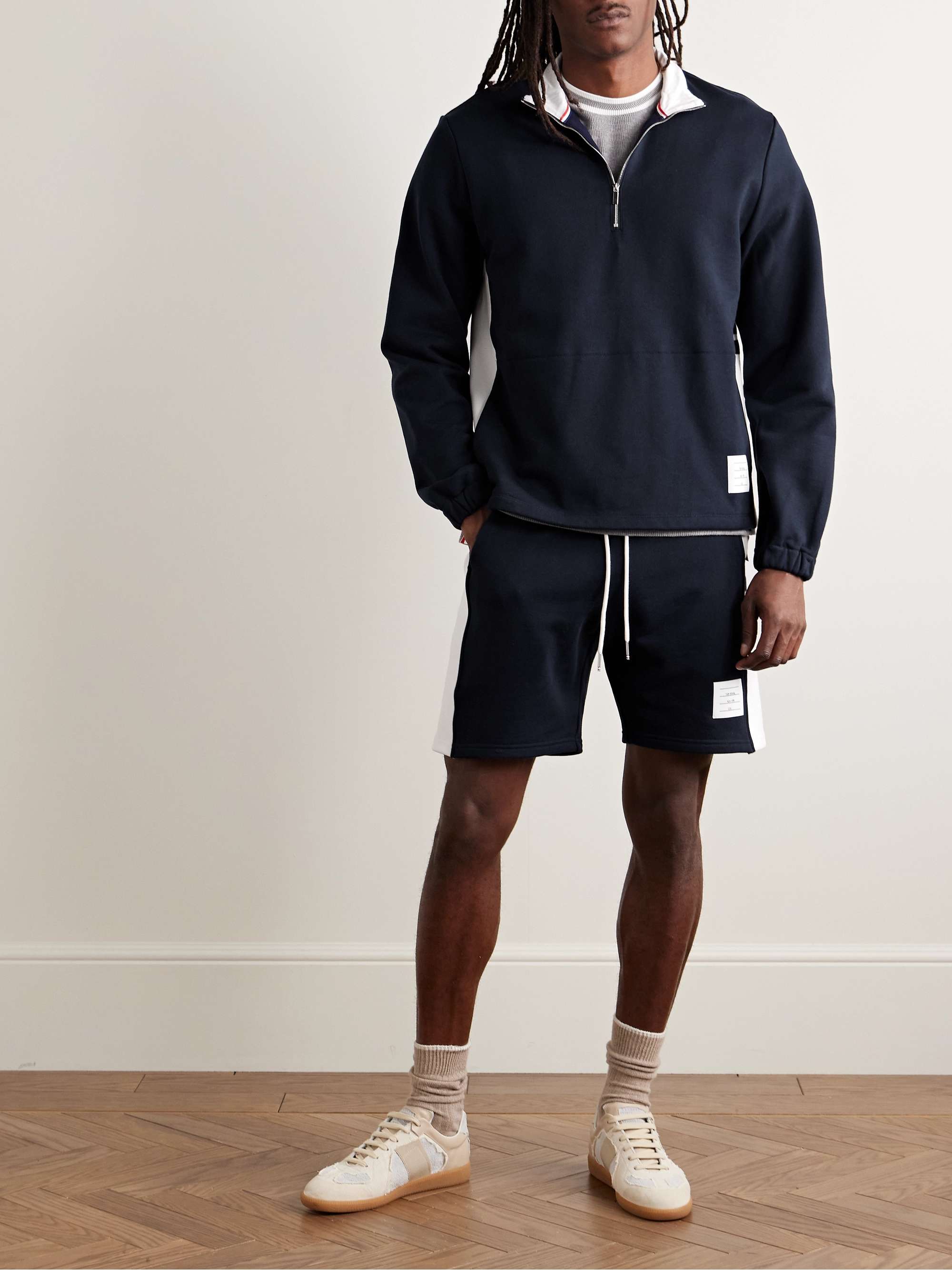 Straight-Leg Logo-Appliquéd Striped Cotton-Jersey Drawstring Shorts view