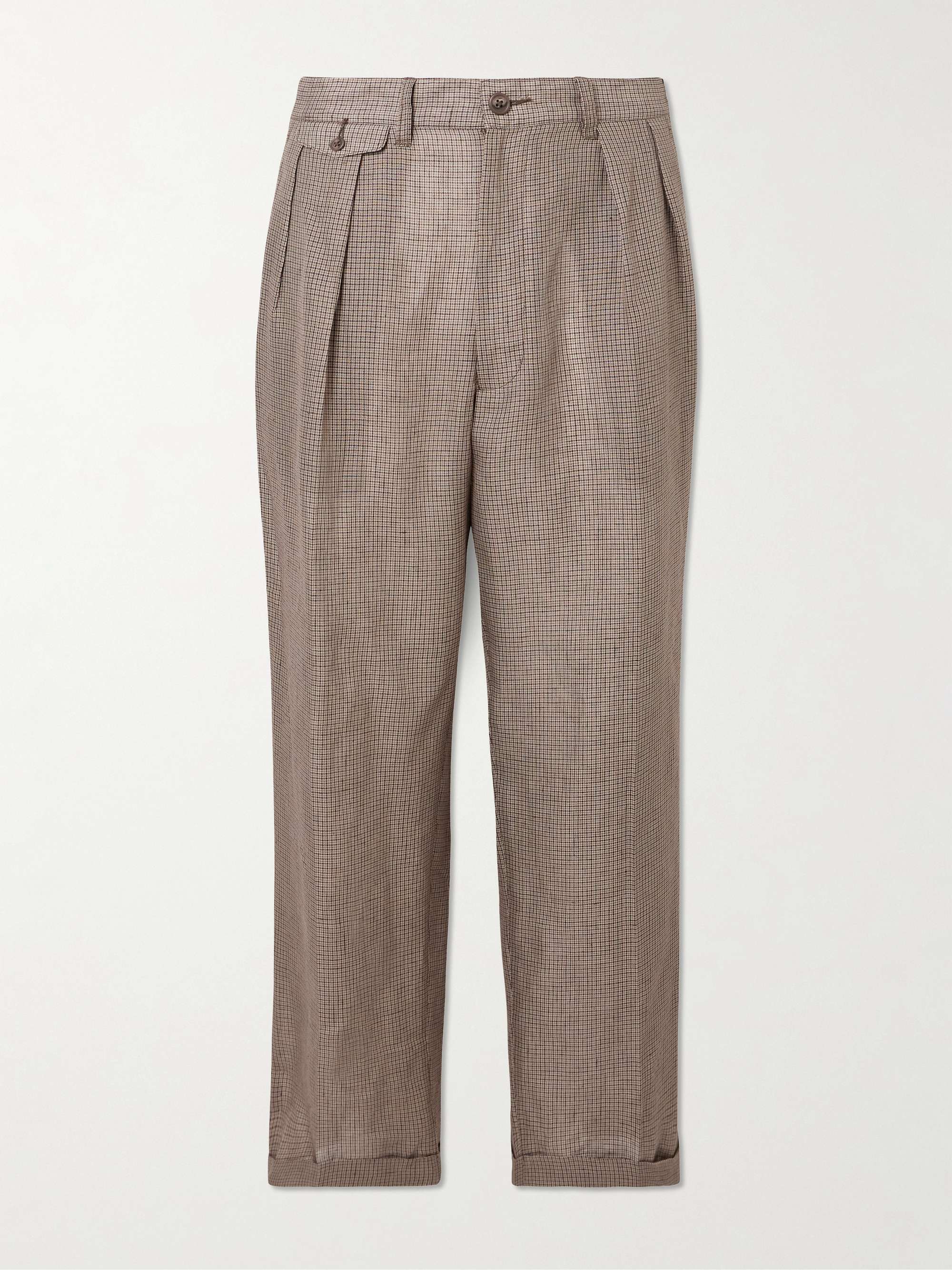 Straight-Leg Pleated Checked Linen and Cotton-Blend Trousers view