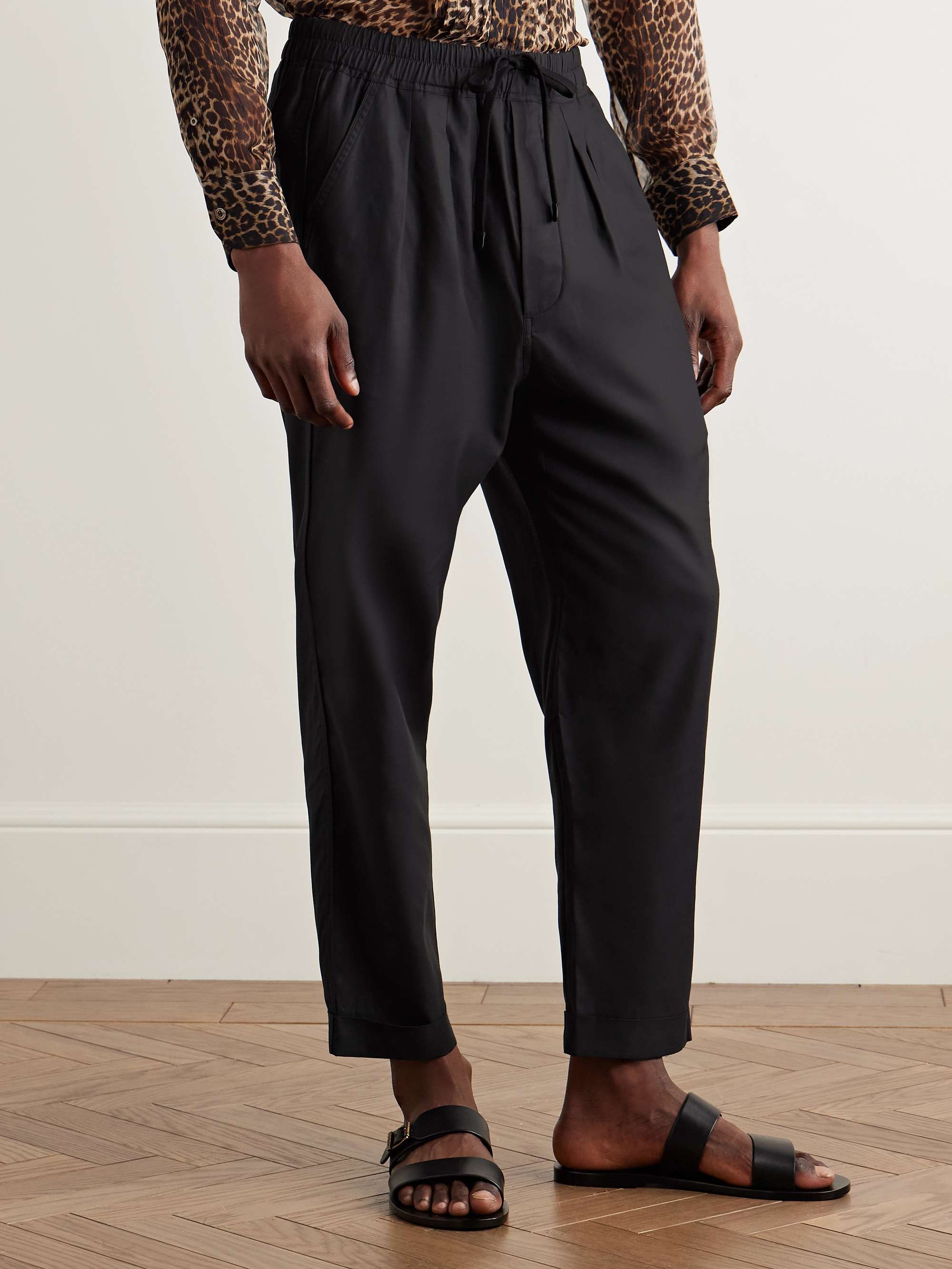 Straight-Leg Pleated Lyocell, Silk and Cotton-Blend Drawstring Trousers view