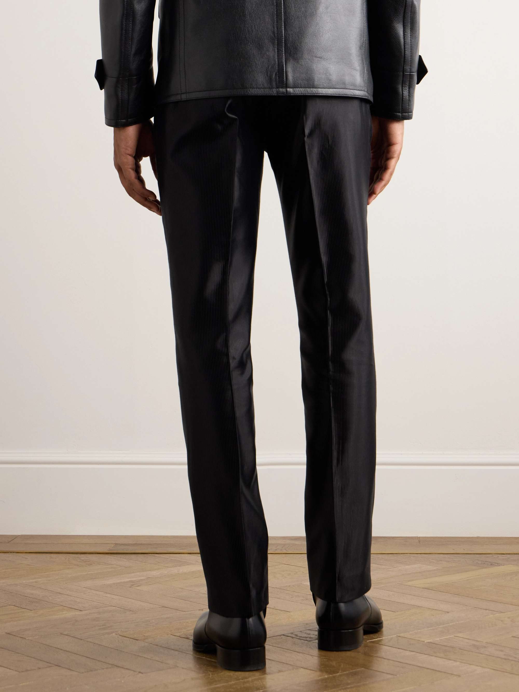 Dyylan Slim-Fit Ribbed Cotton-Blend Satin Trousers view