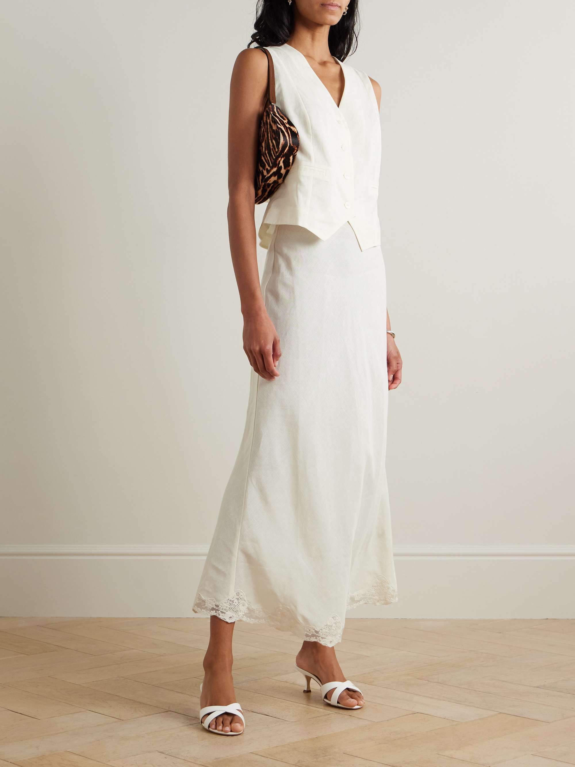 Crystal lace-trimmed linen-blend midi skirt view