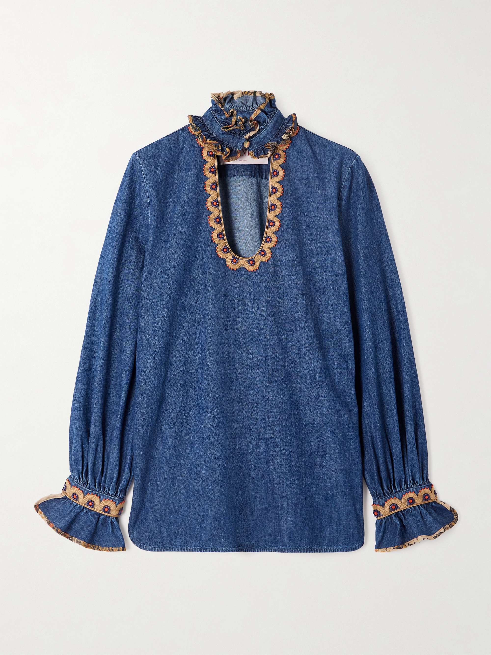 Belted embroidered ruffled embellished chambray top view