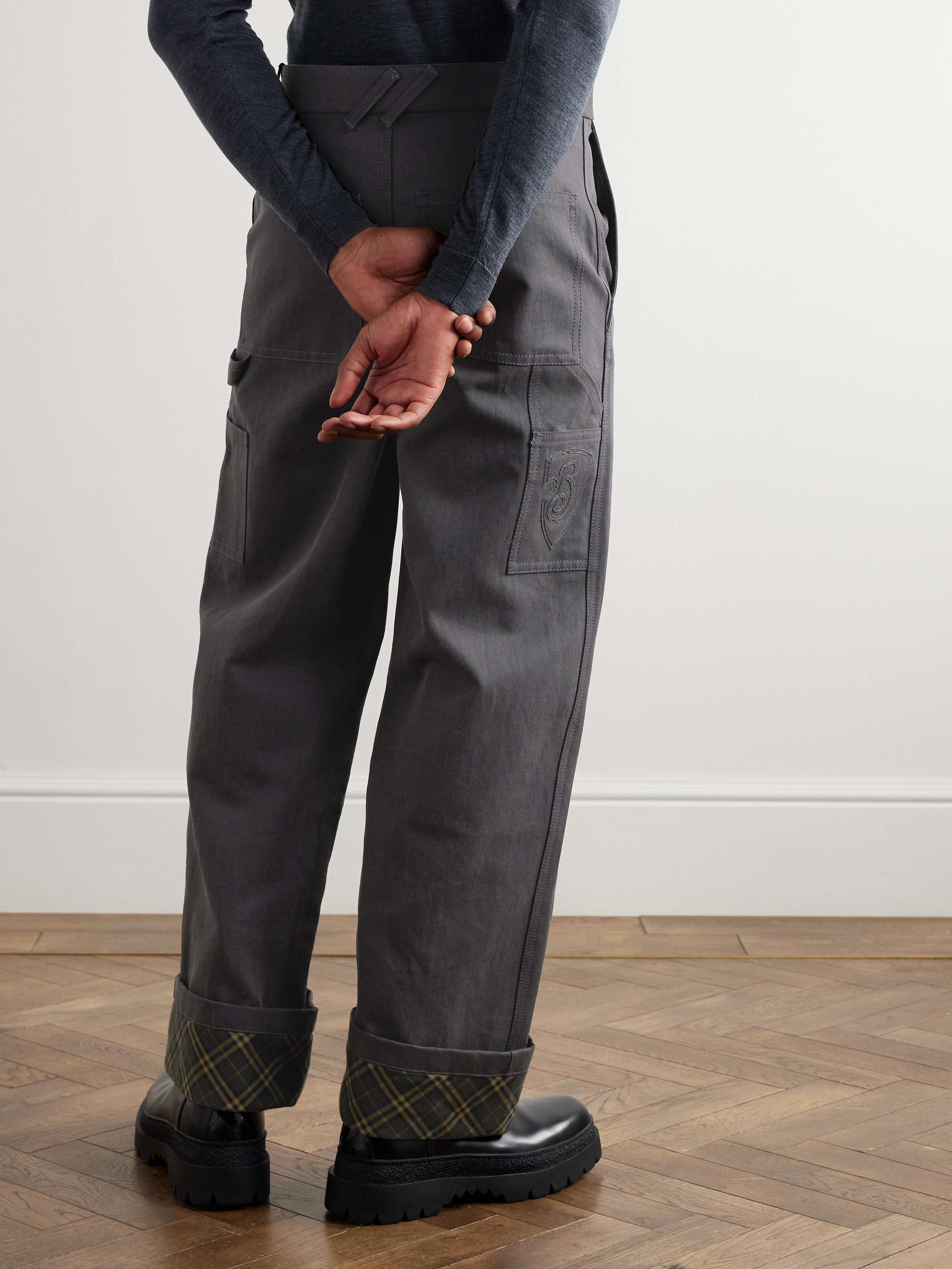 Wide-Leg Checked Twill-Trimmed Cotton-Canvas Trousers view