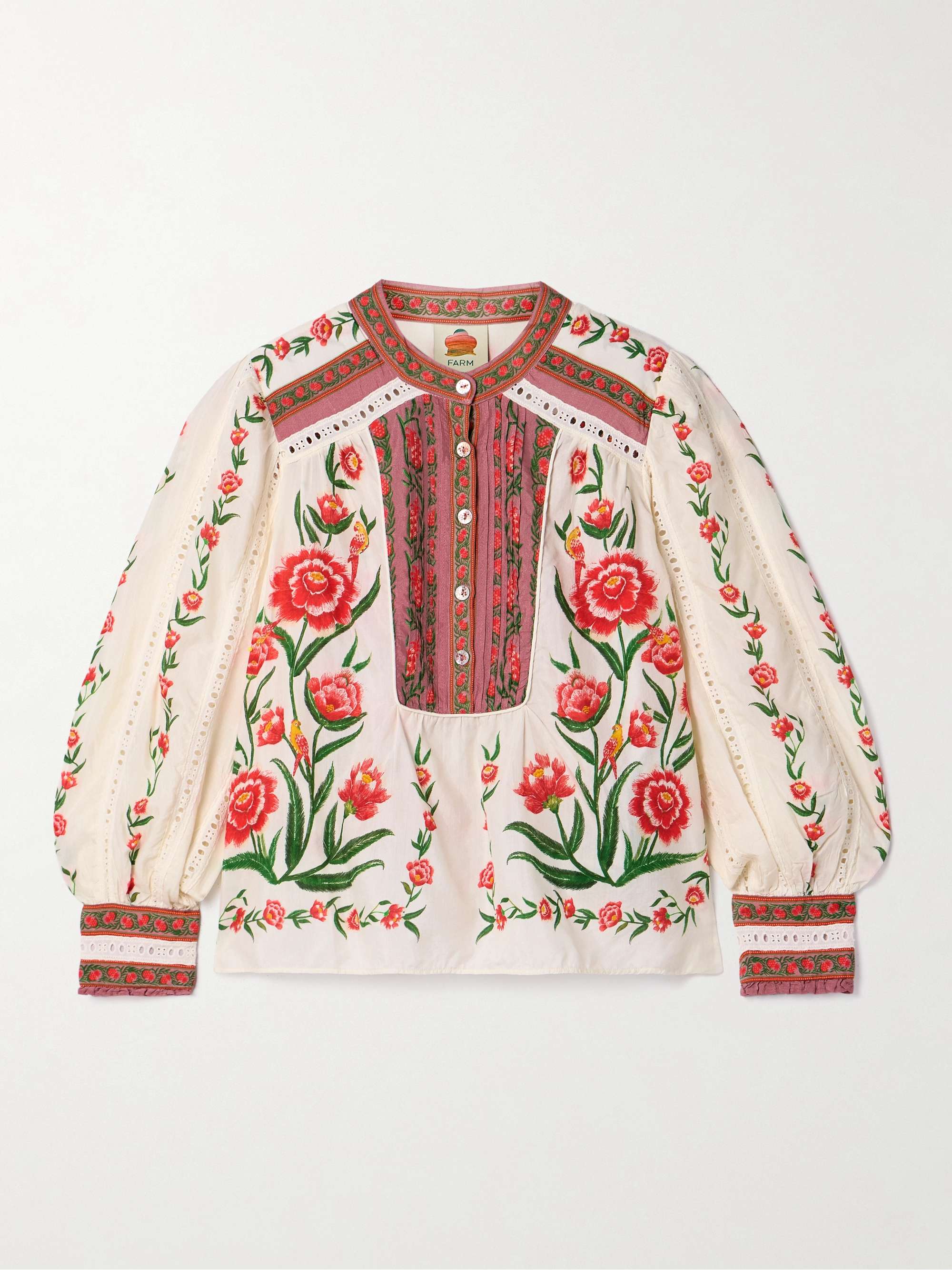 Broderie anglaise-trimmed floral-print cotton-blend voile top view