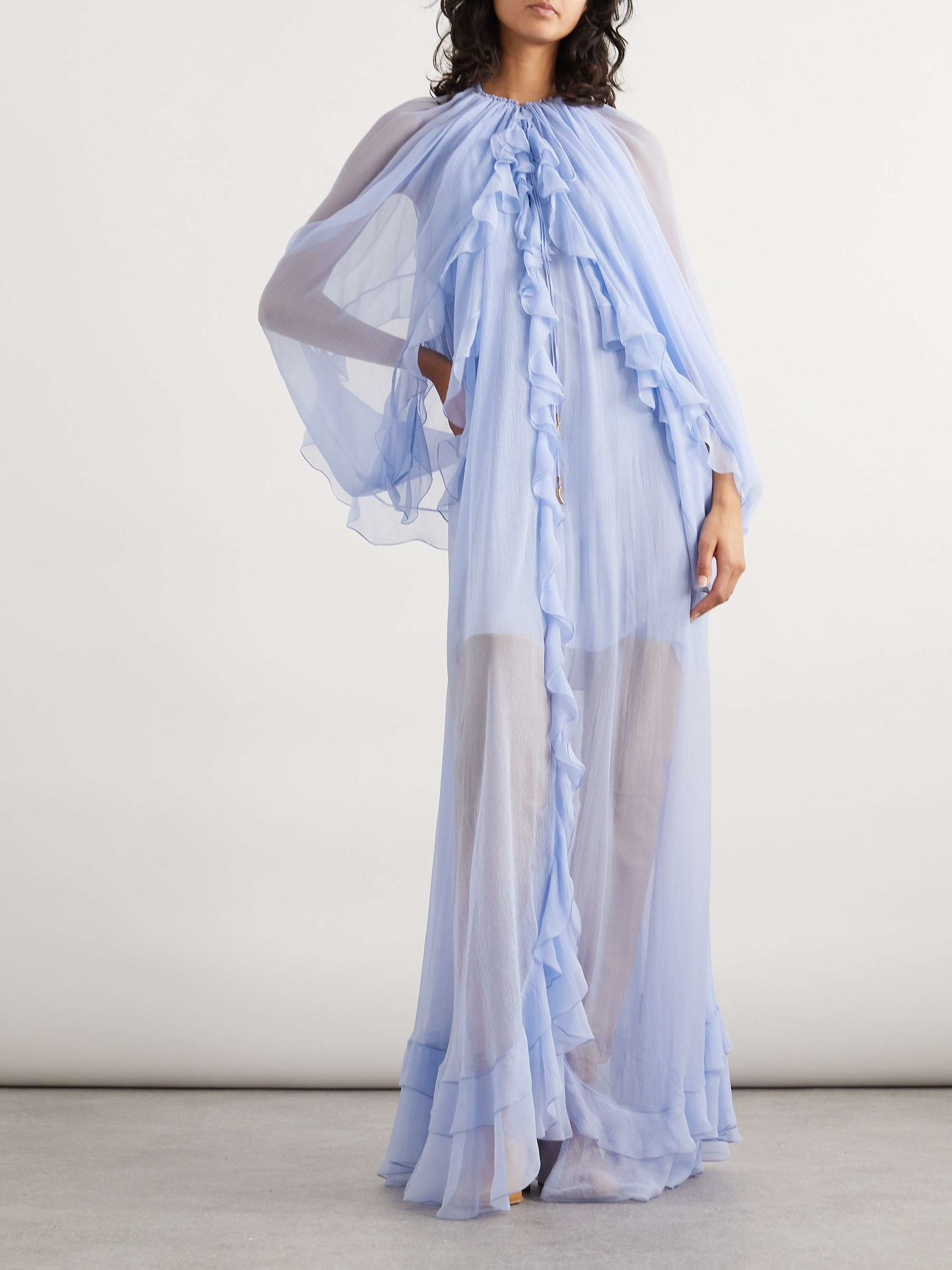 Cape-effect open-back ruffled silk-crepon gown view