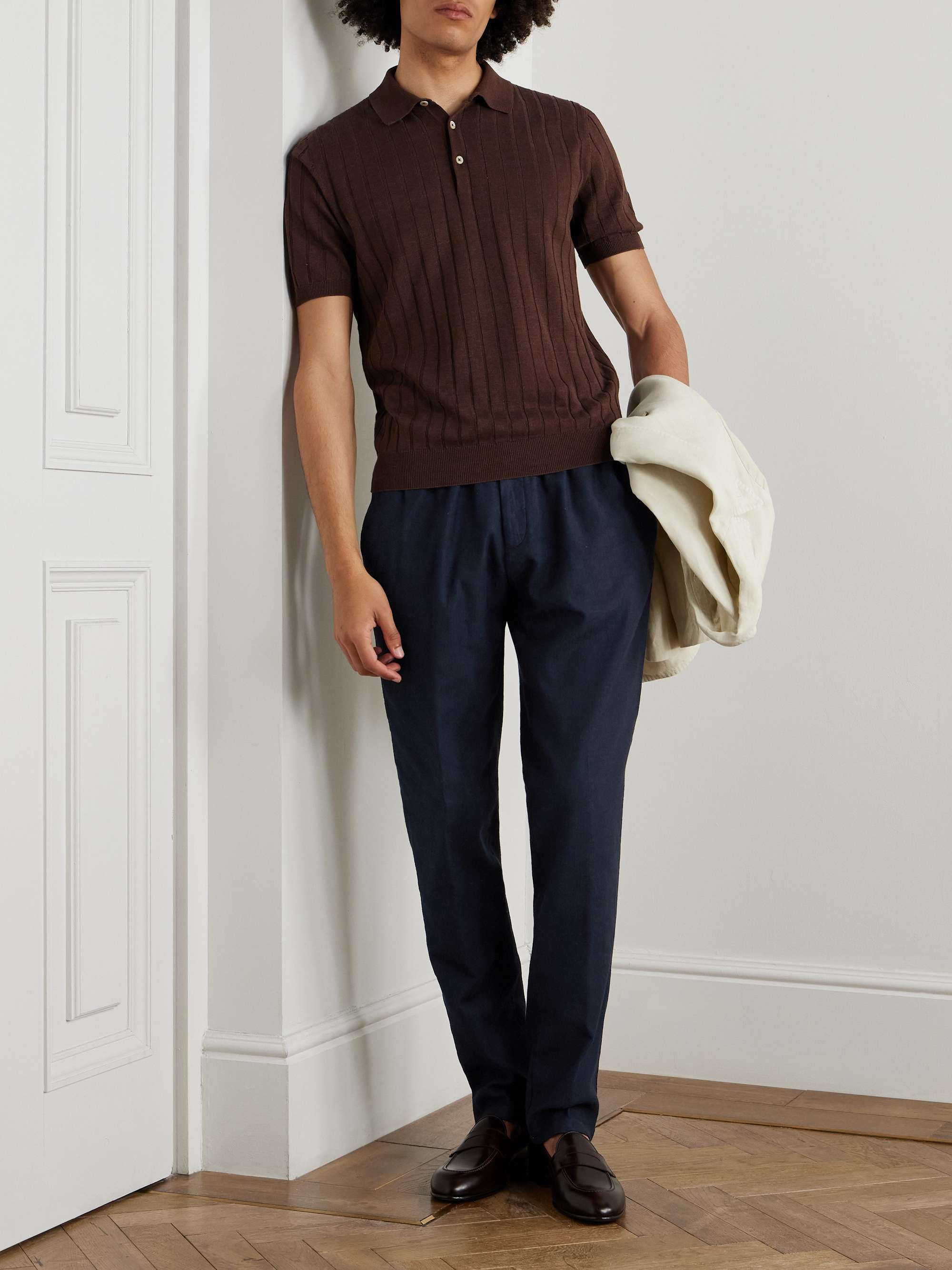 Tapered Herringbone Stretch Linen and Cotton-Blend Trousers view