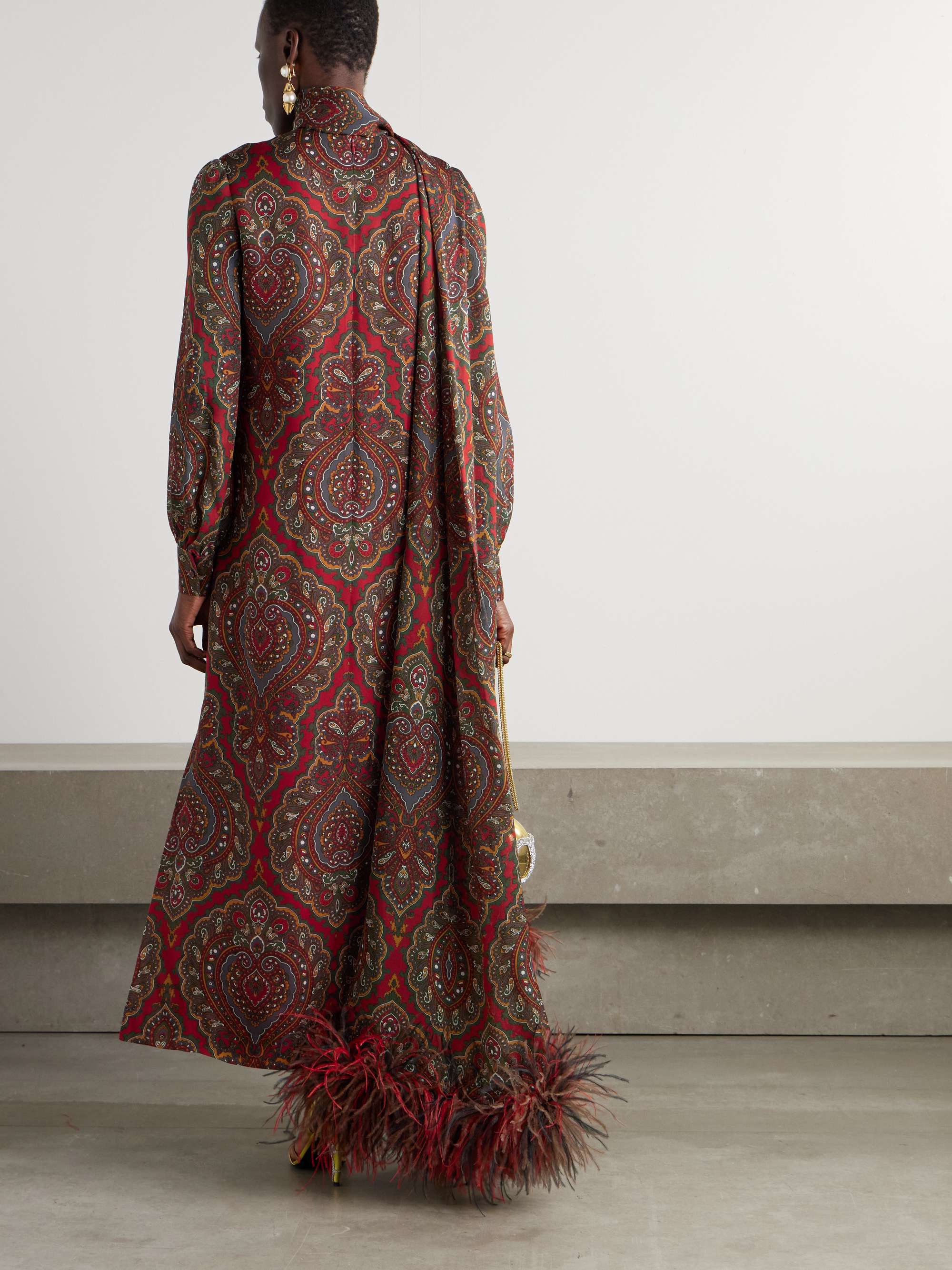 Feather-trimmed scarf-detailed paisley-print silk-crepe midi dress view