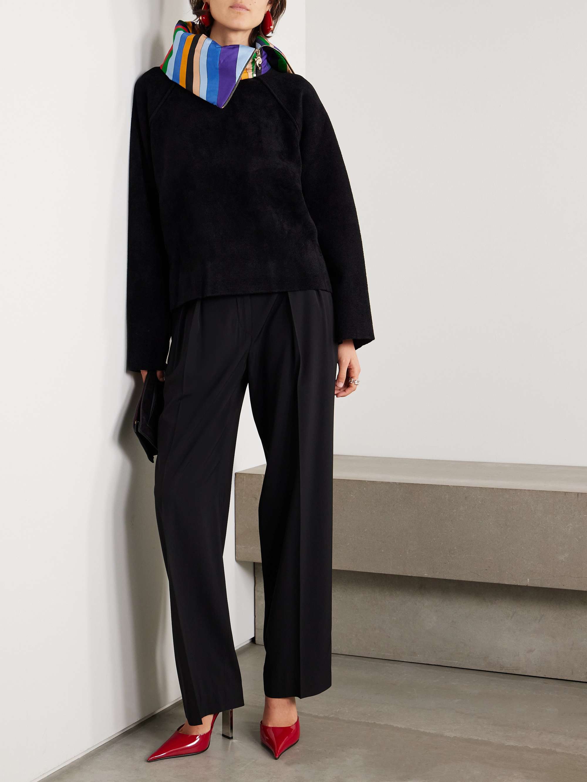 Silk-satin trimmed wool-blend fleece half-zip sweater view