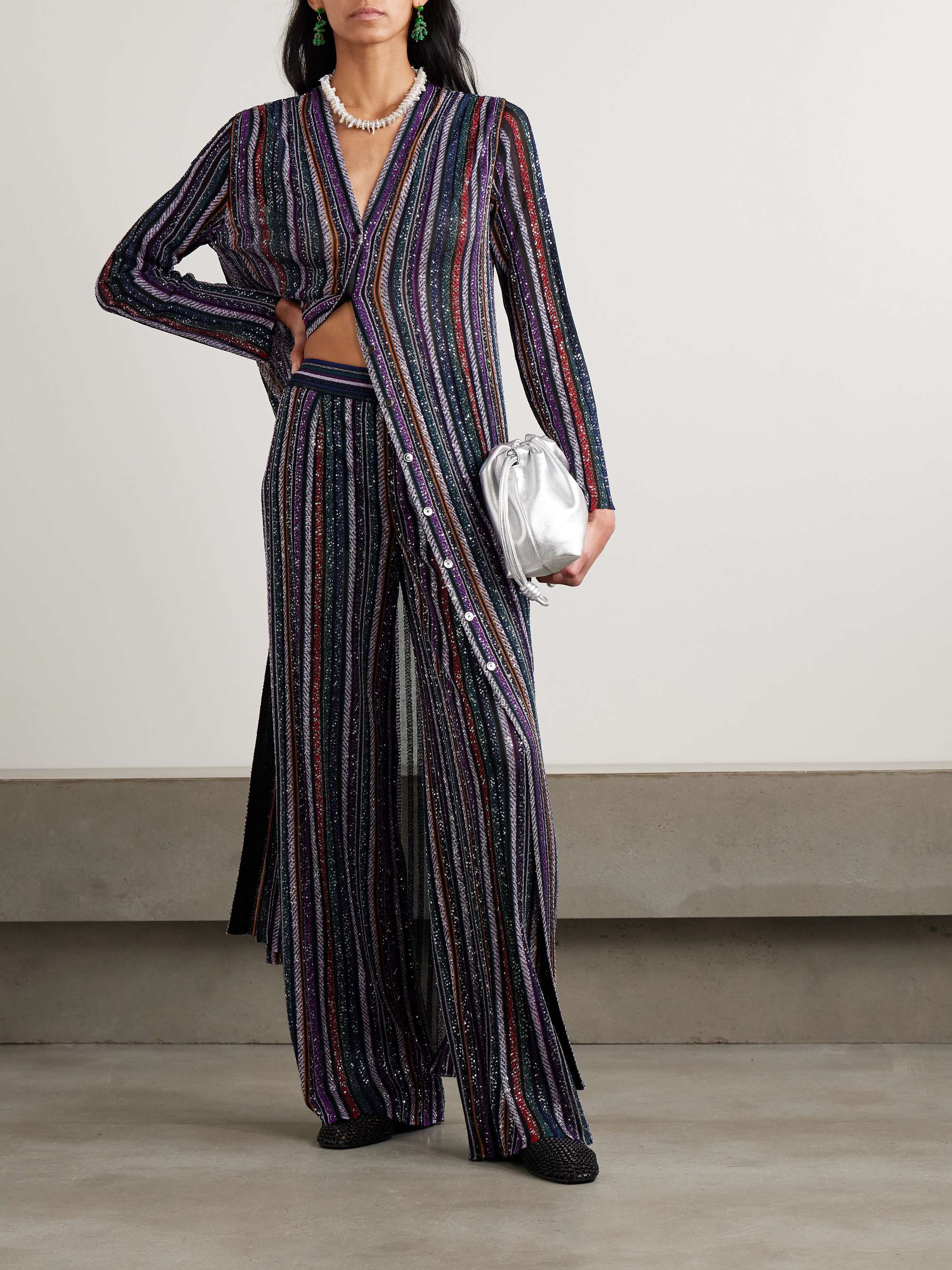 Sequined striped metallic crochet-knit wide-leg pants view