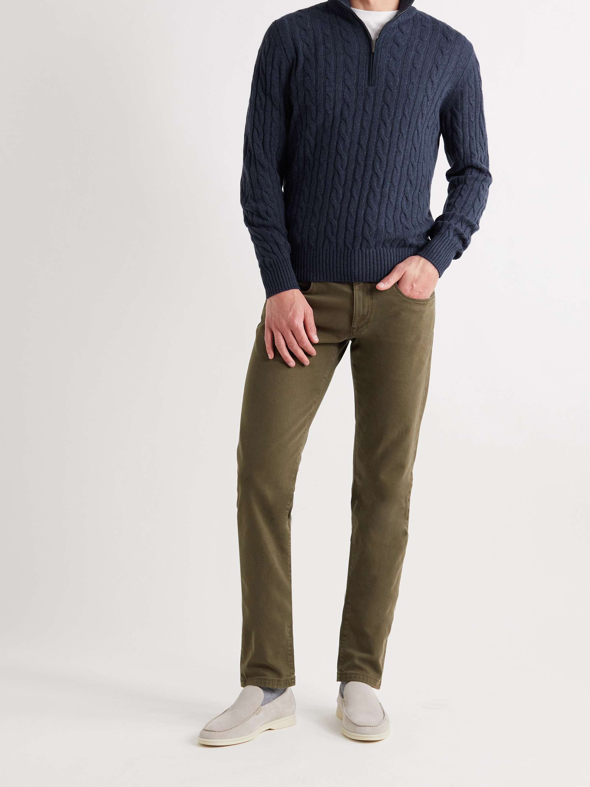 Suede-Trimmed Cable-Knit Baby Cashmere Half-Zip Sweater view