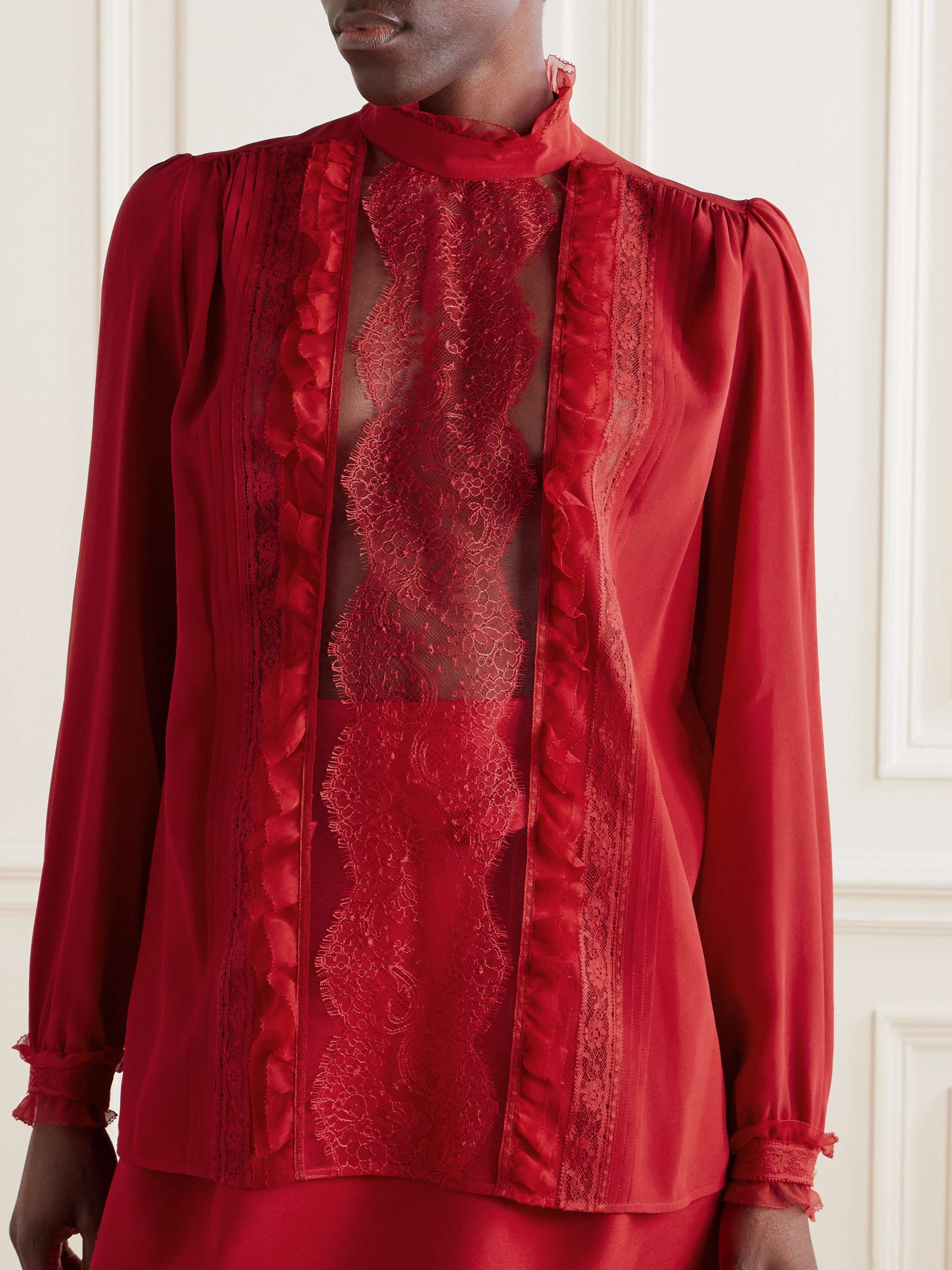 Ruffled pintucked lace-trimmed silk crepe de chine blouse view