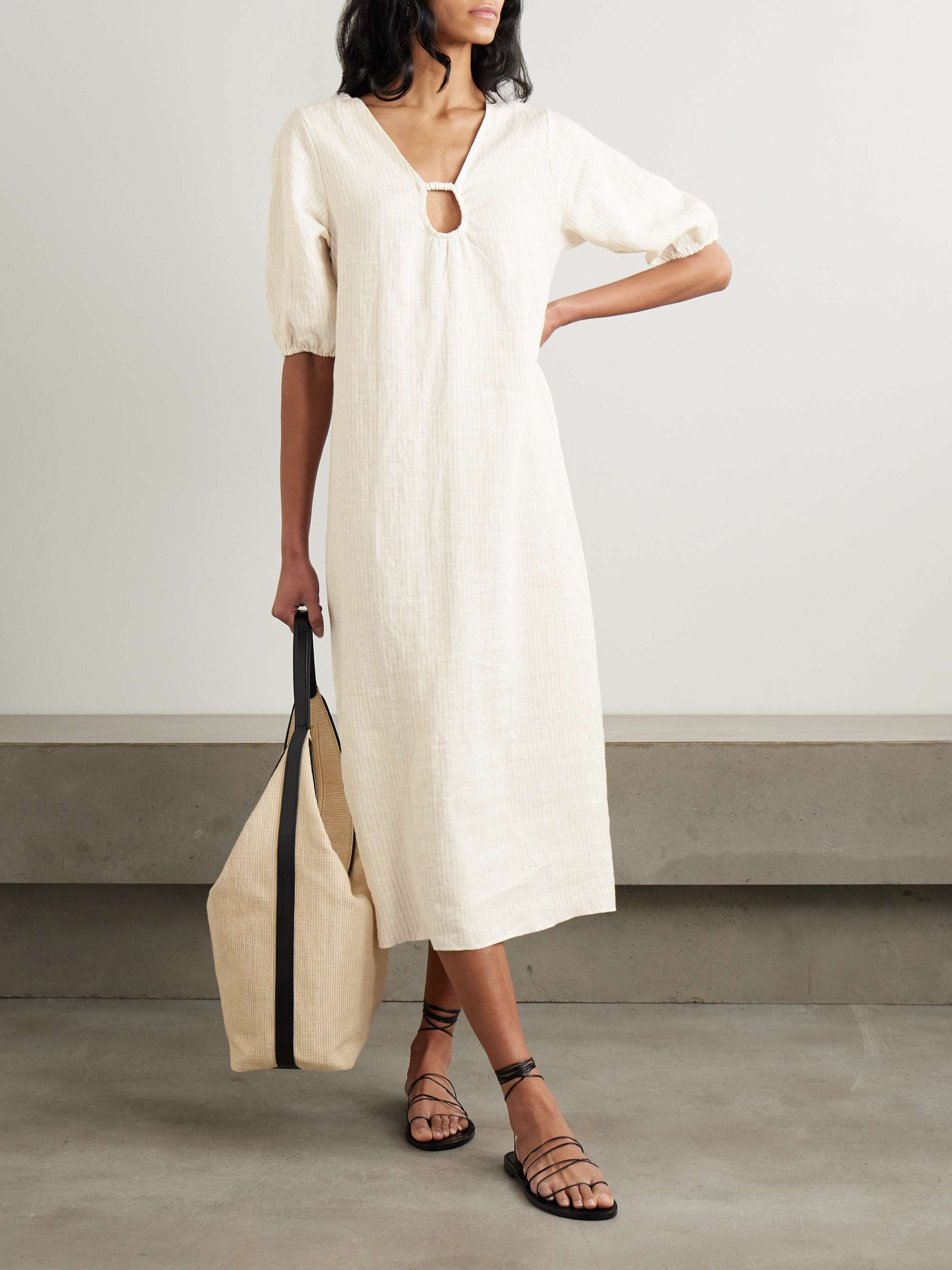 Squared cutout striped linen midi dress view