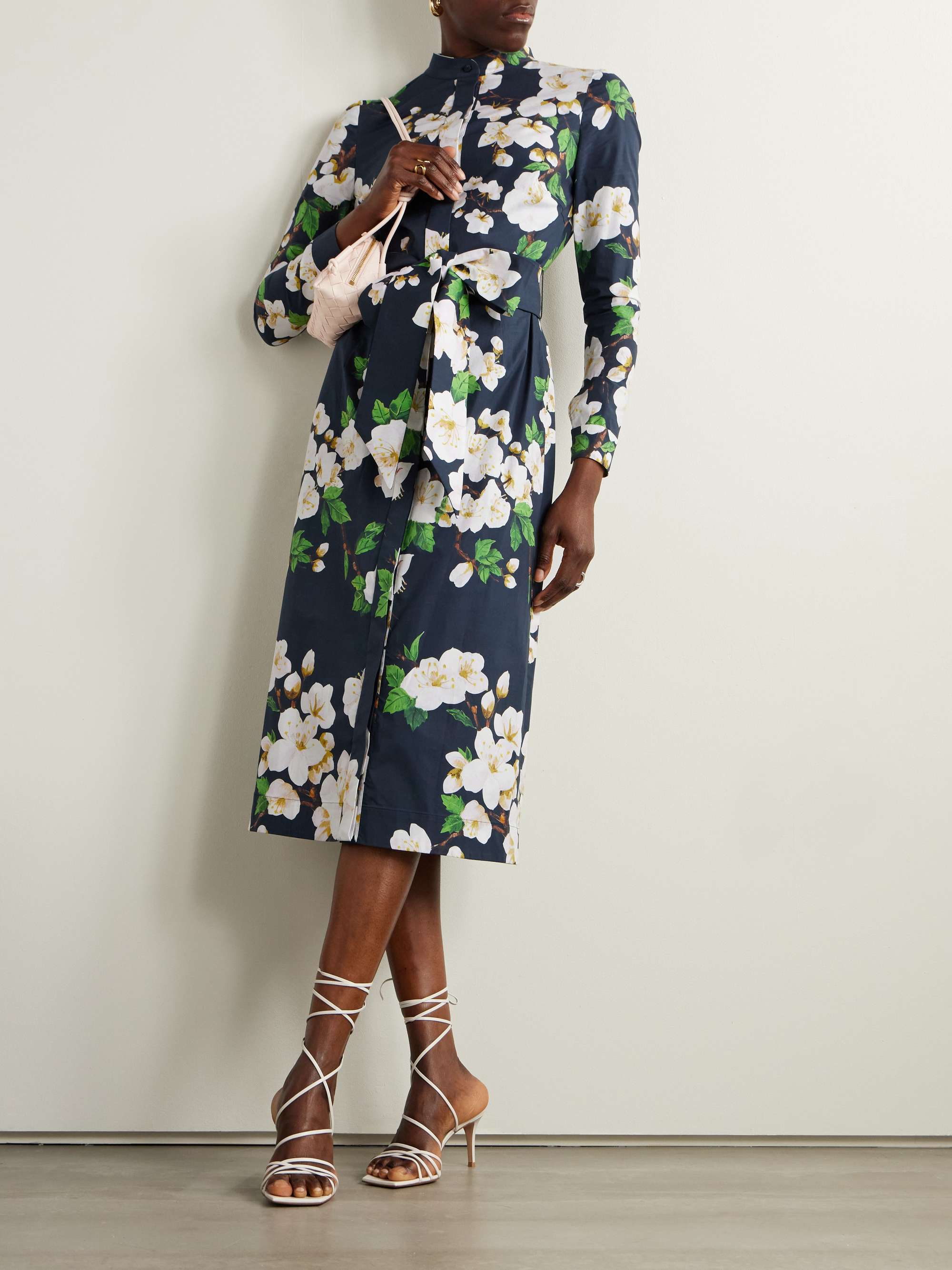 Belted floral-print cotton-blend poplin midi shirt dress view