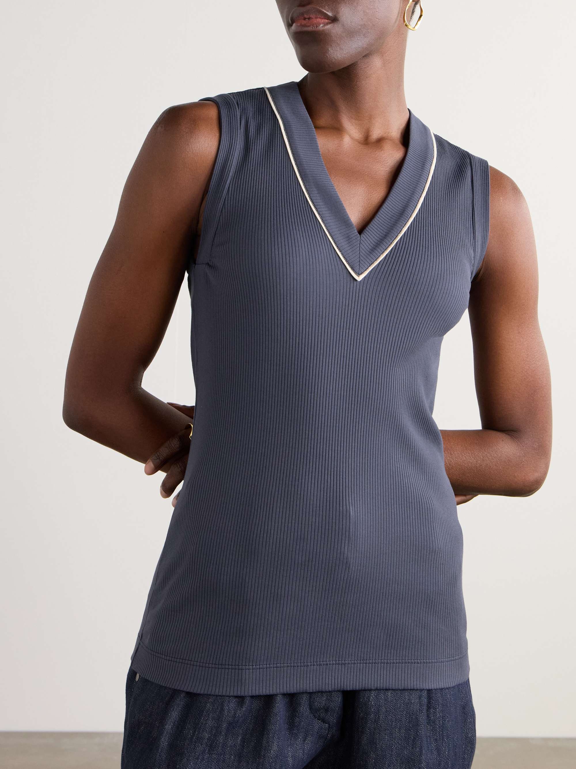 Bead-embellished ribbed cotton-blend tank view
