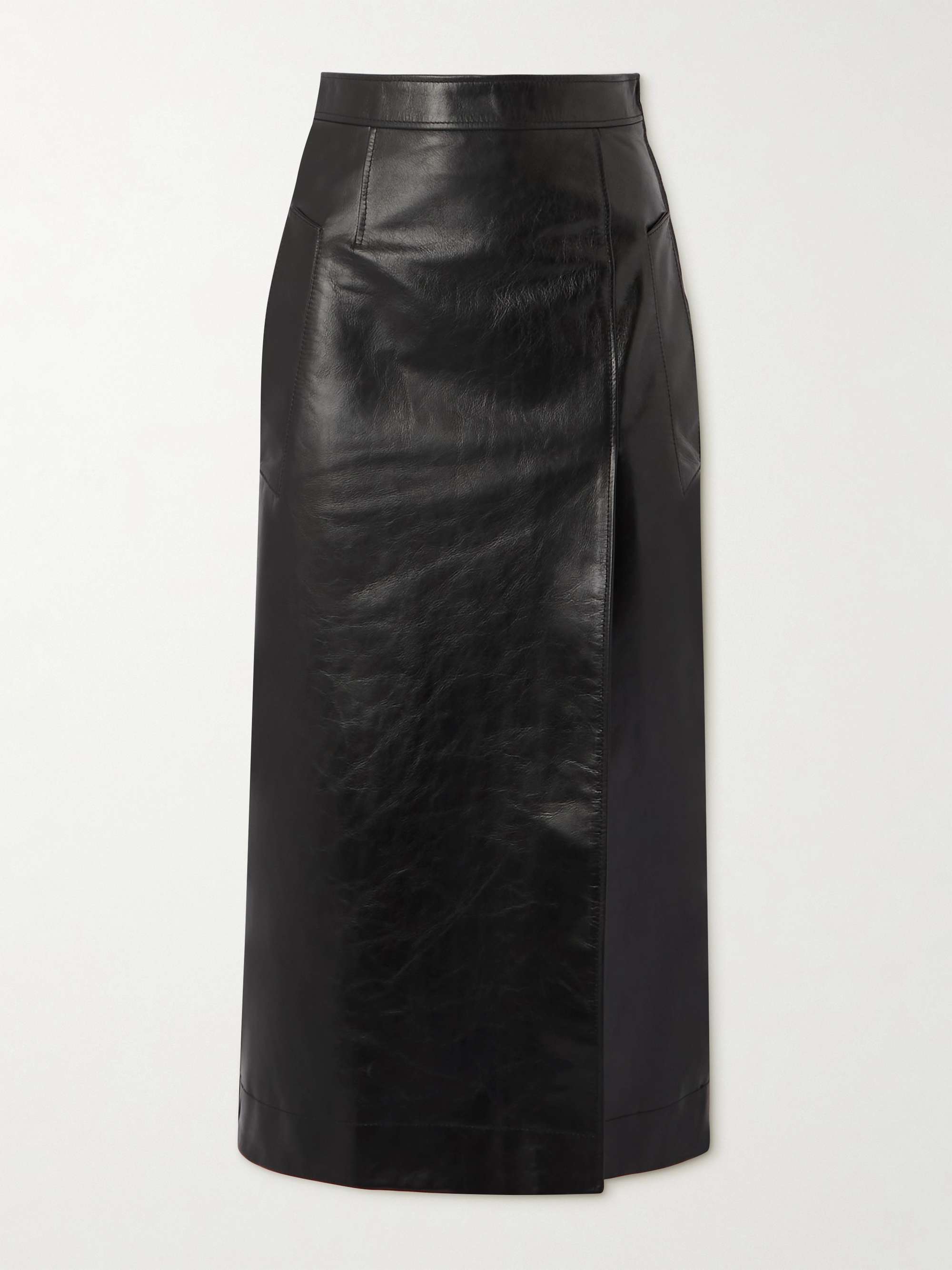 Wrap-effect chain-embellished paneled leather midi skirt view