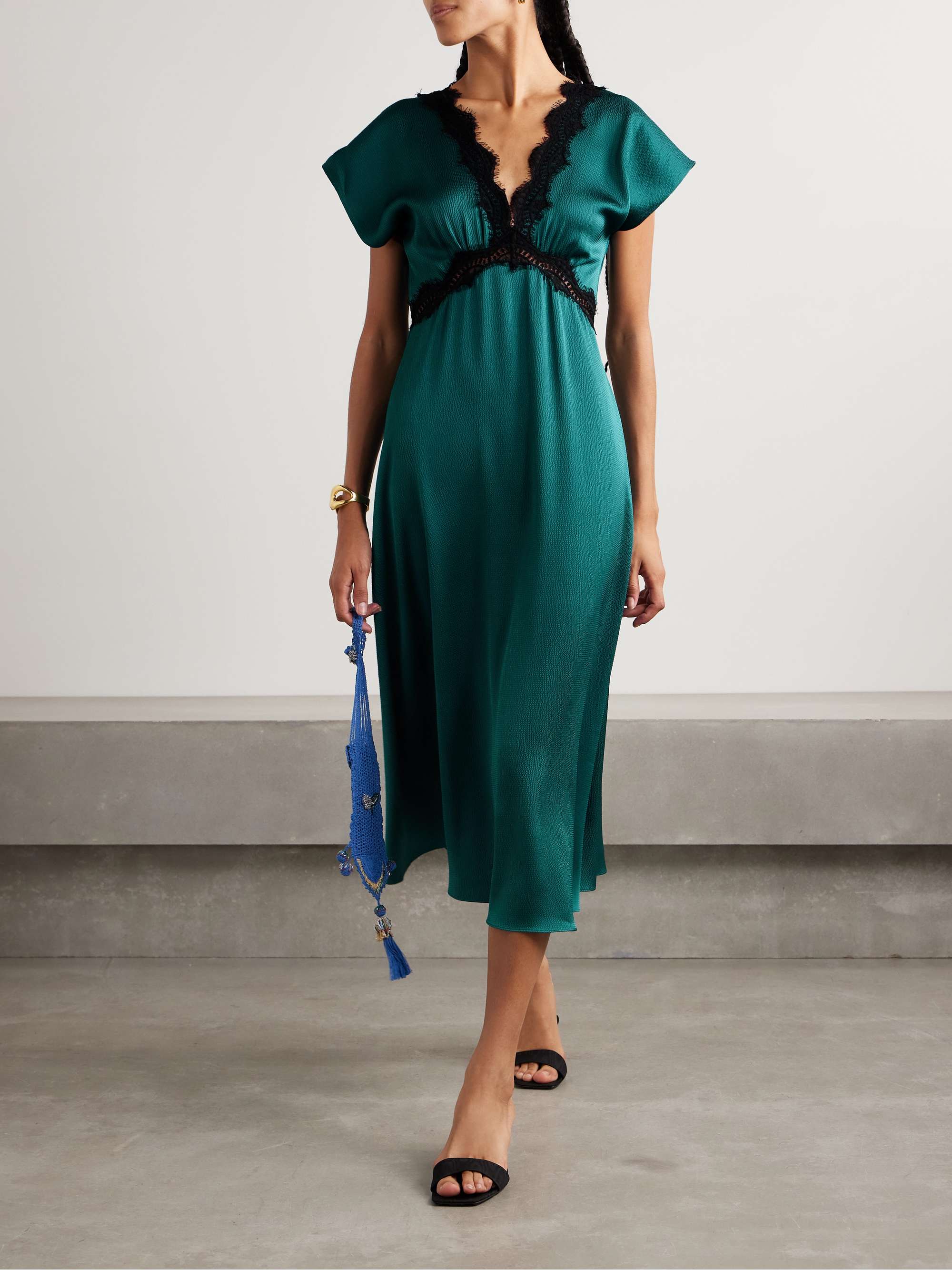 Noa lace-trimmed hammered-satin midi dress view