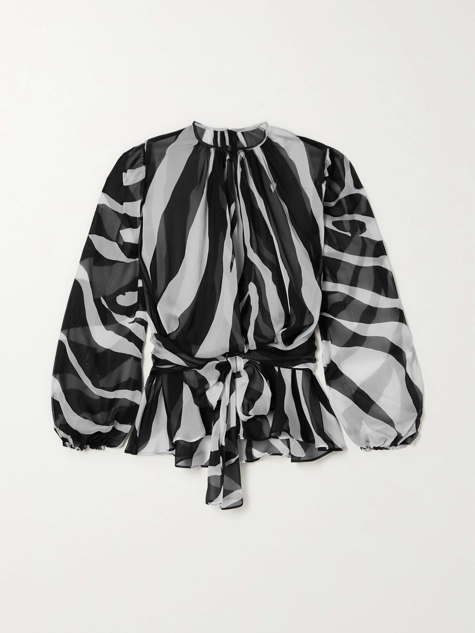 Belted gathered zebra-print chiffon blouse view