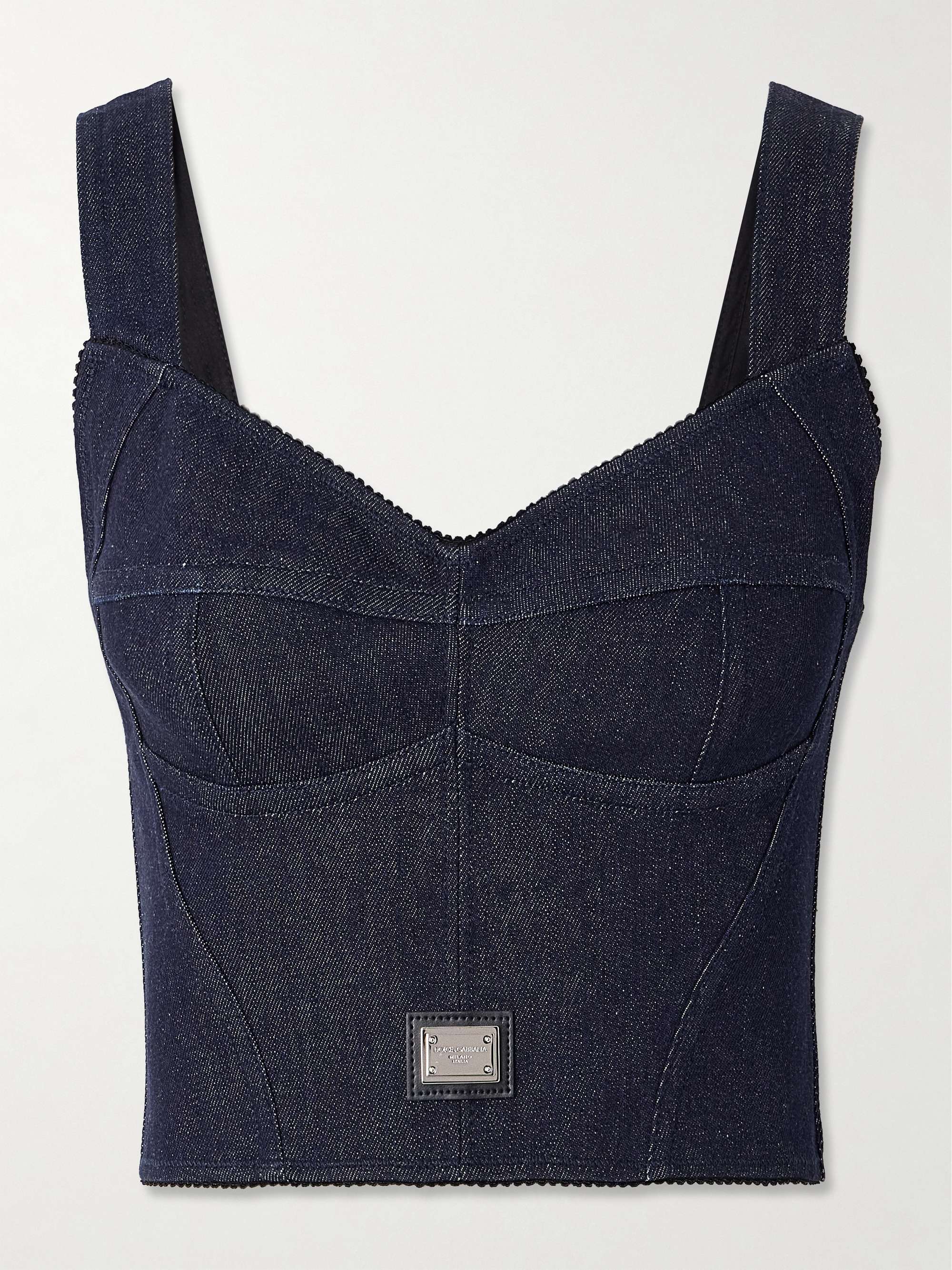 Picot-trimmed denim bustier top view