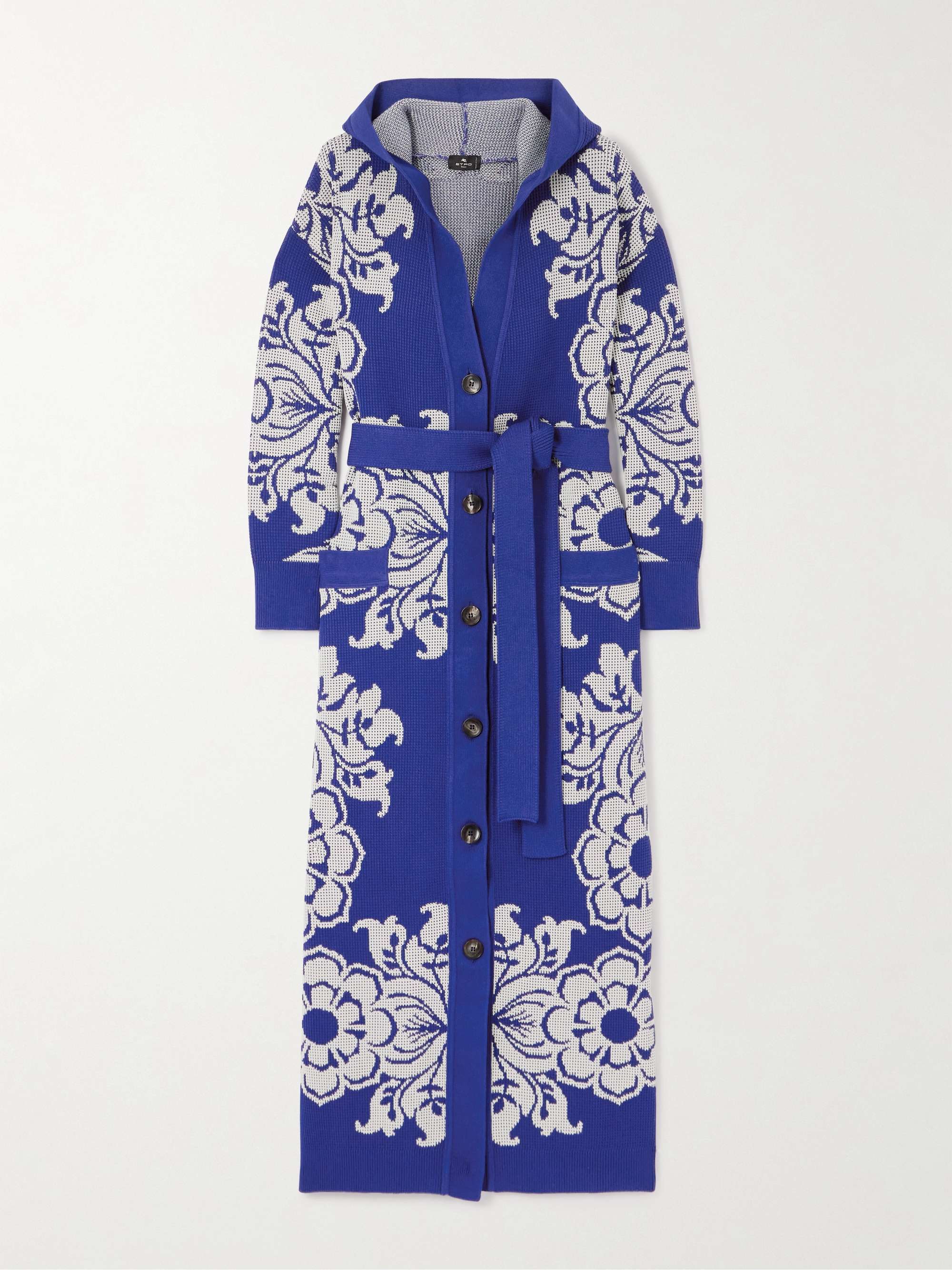 Hooded belted waffle-knit jacquard cardigan view