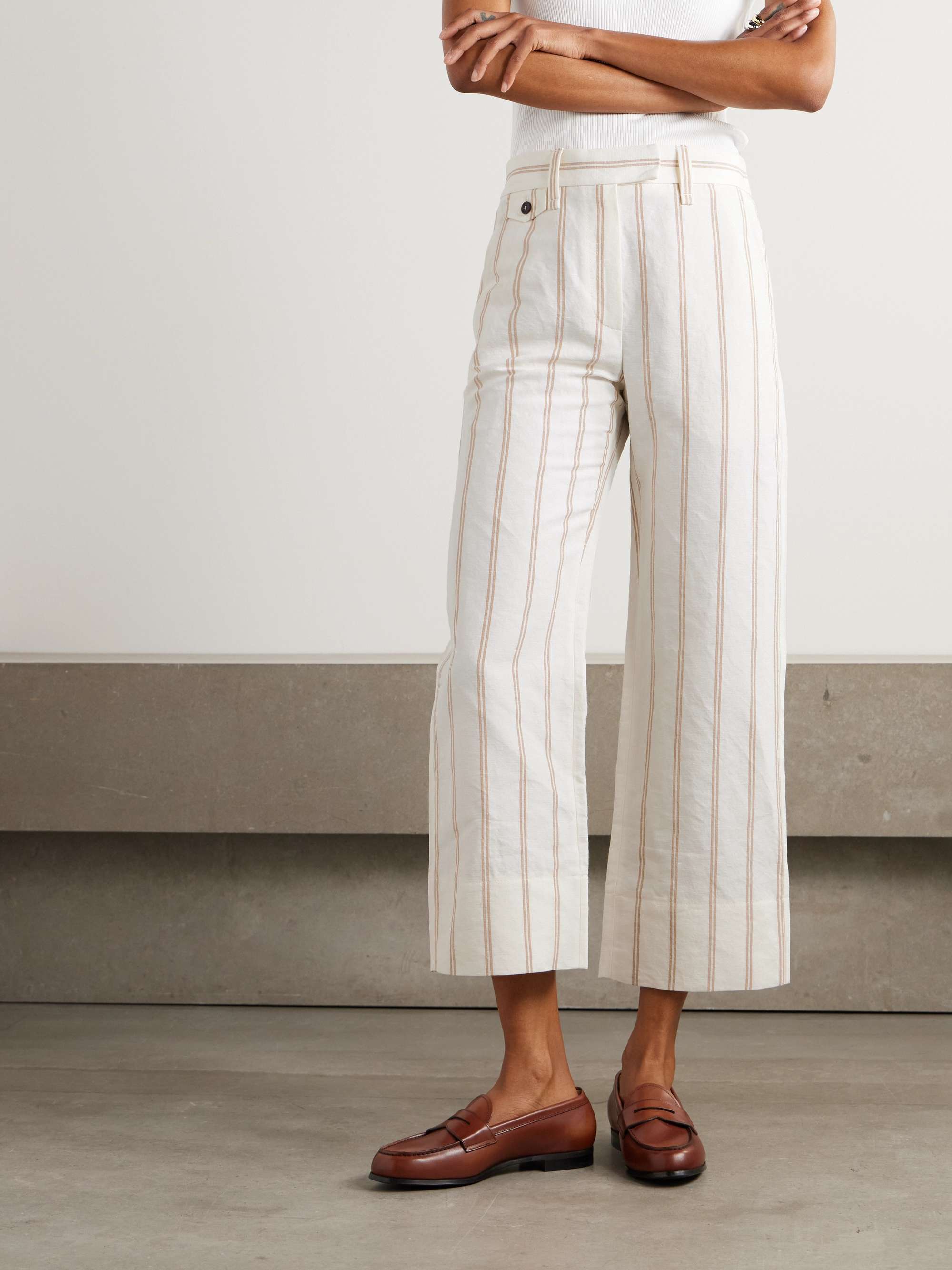 Cropped striped linen and cotton-blend wide-leg pants view
