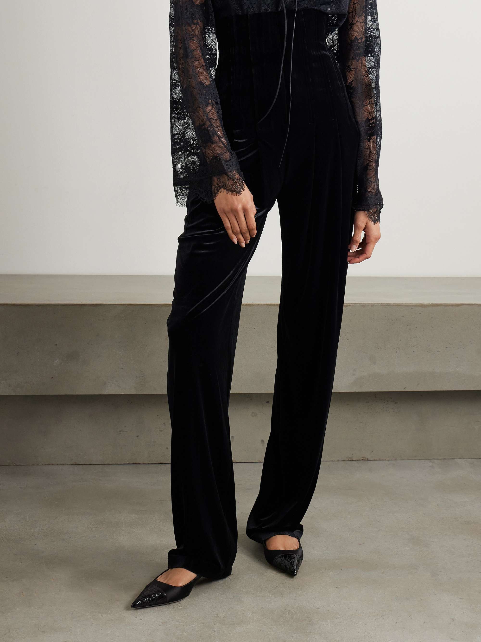 Pleated velvet straight-leg pants view