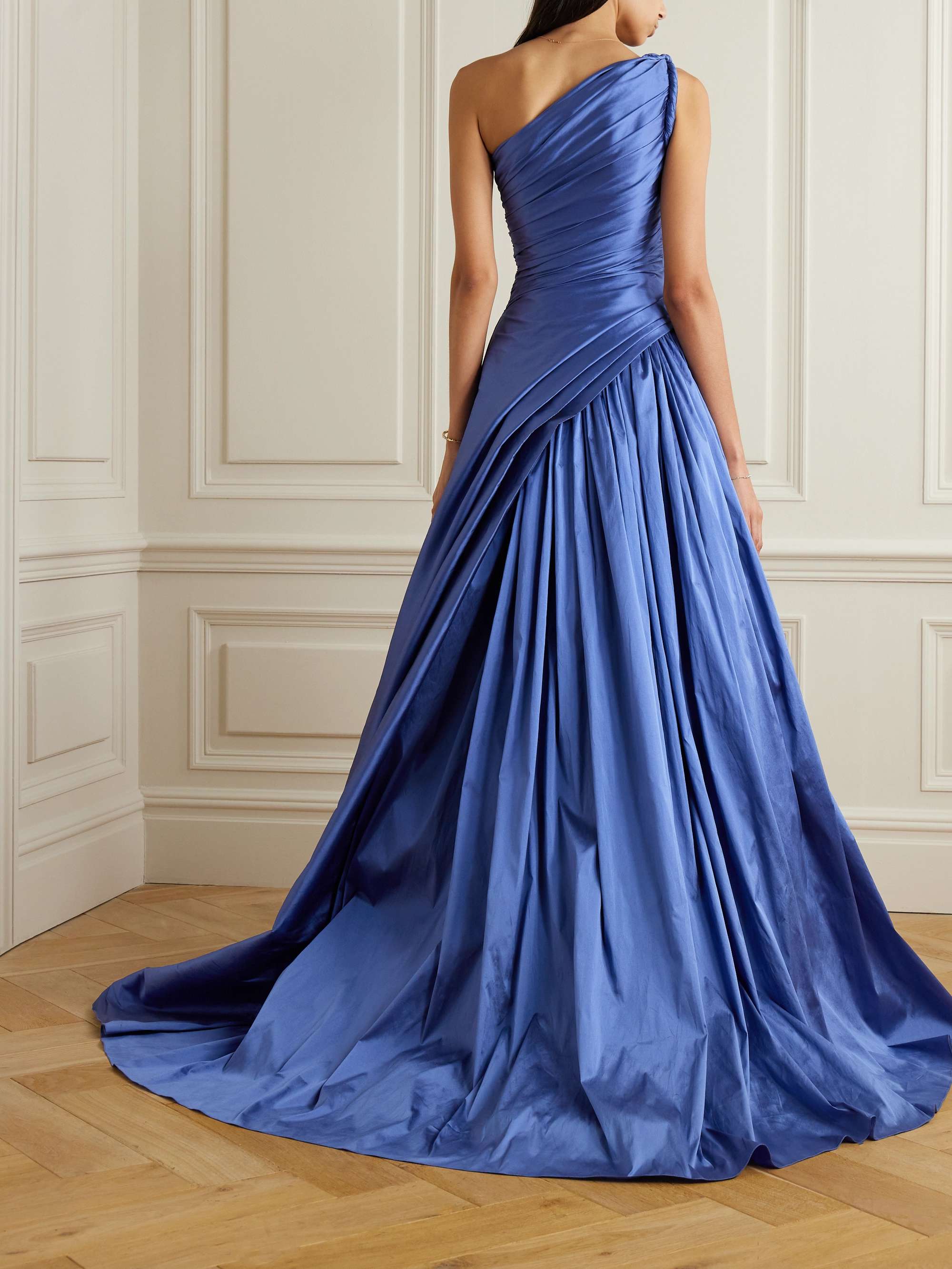 One-shoulder draped taffeta gown view