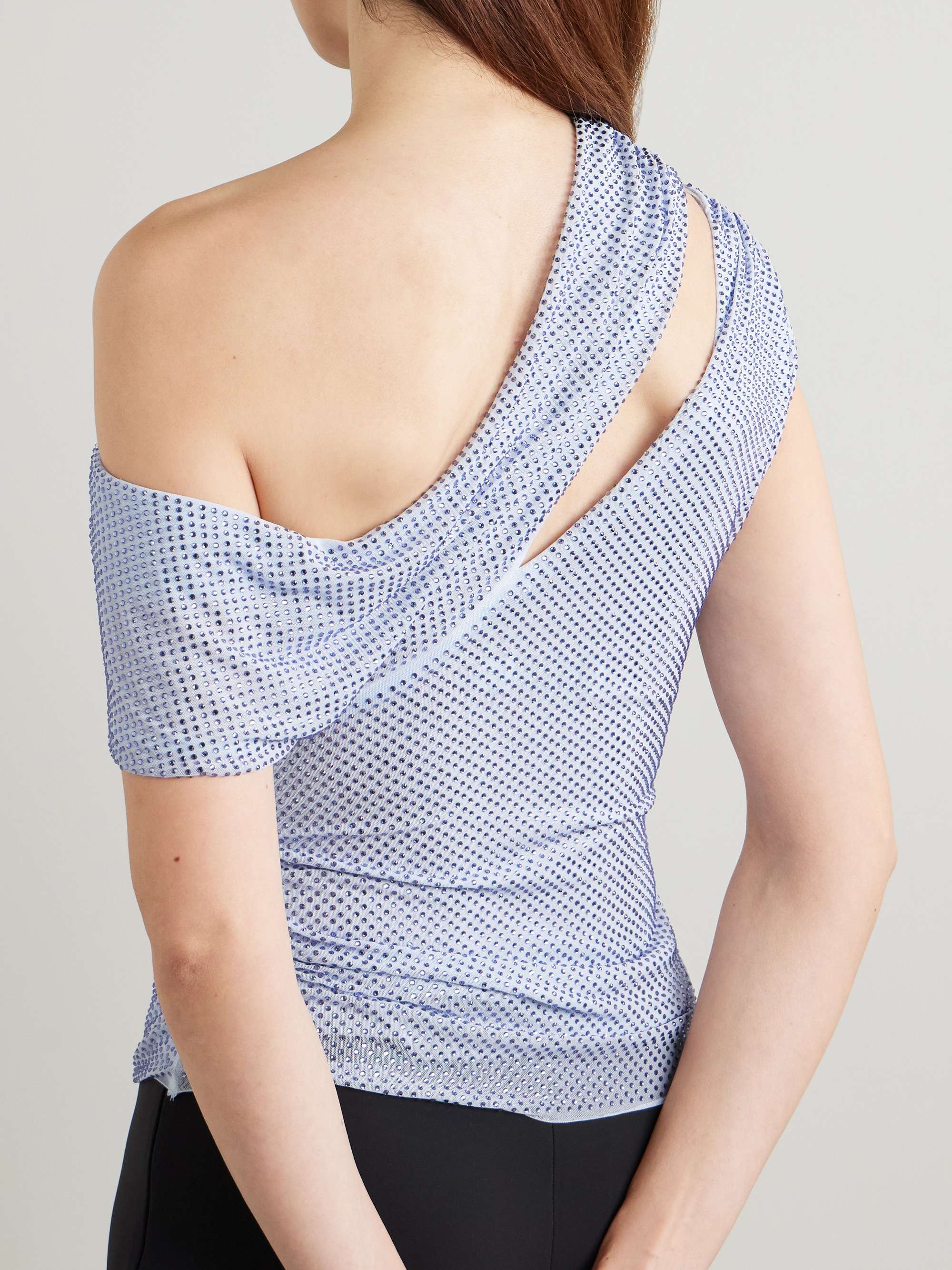 One-shoulder asymmetric crystal-embellished mesh top view