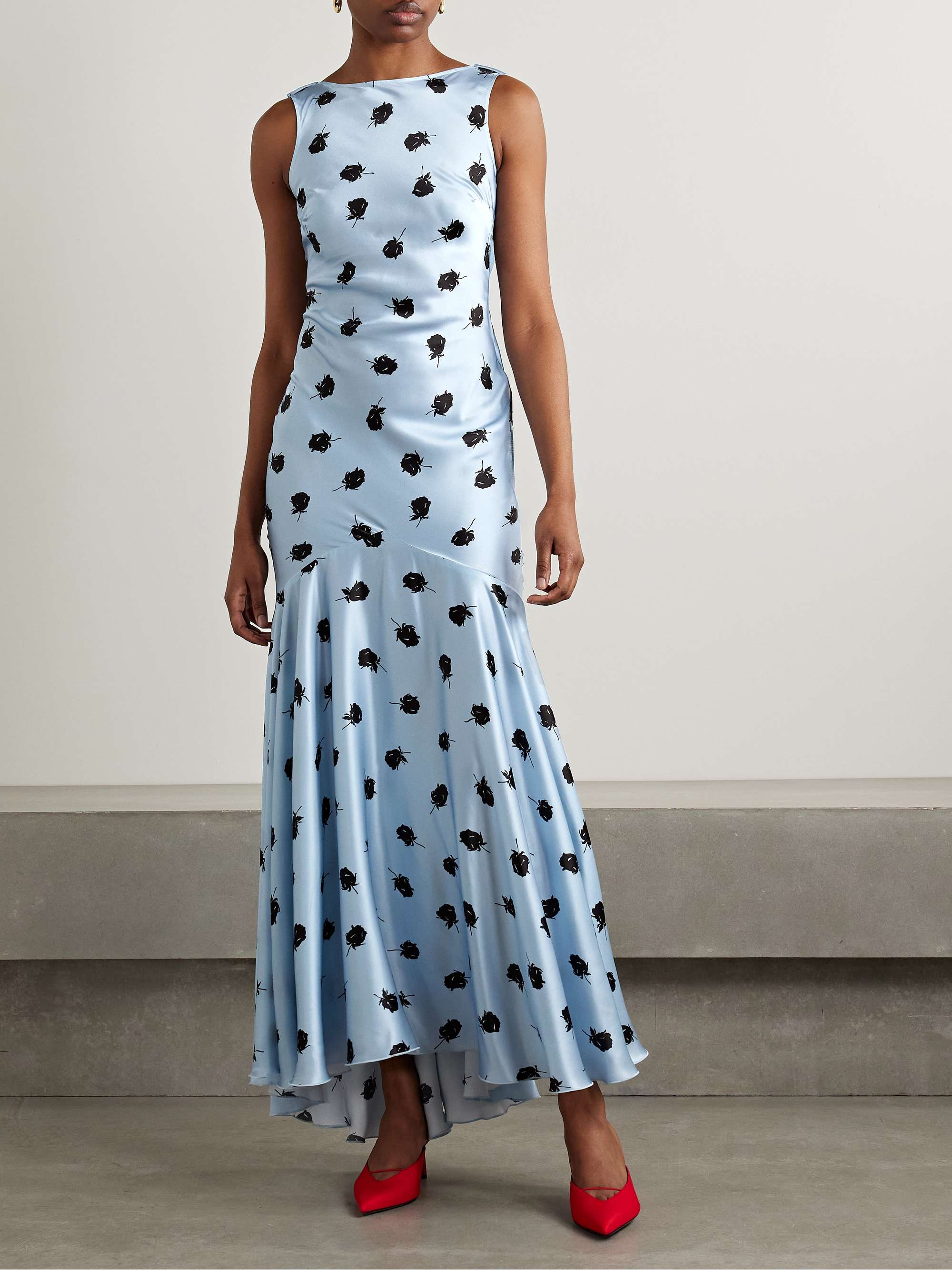 Open-back draped floral-print satin maxi dress view