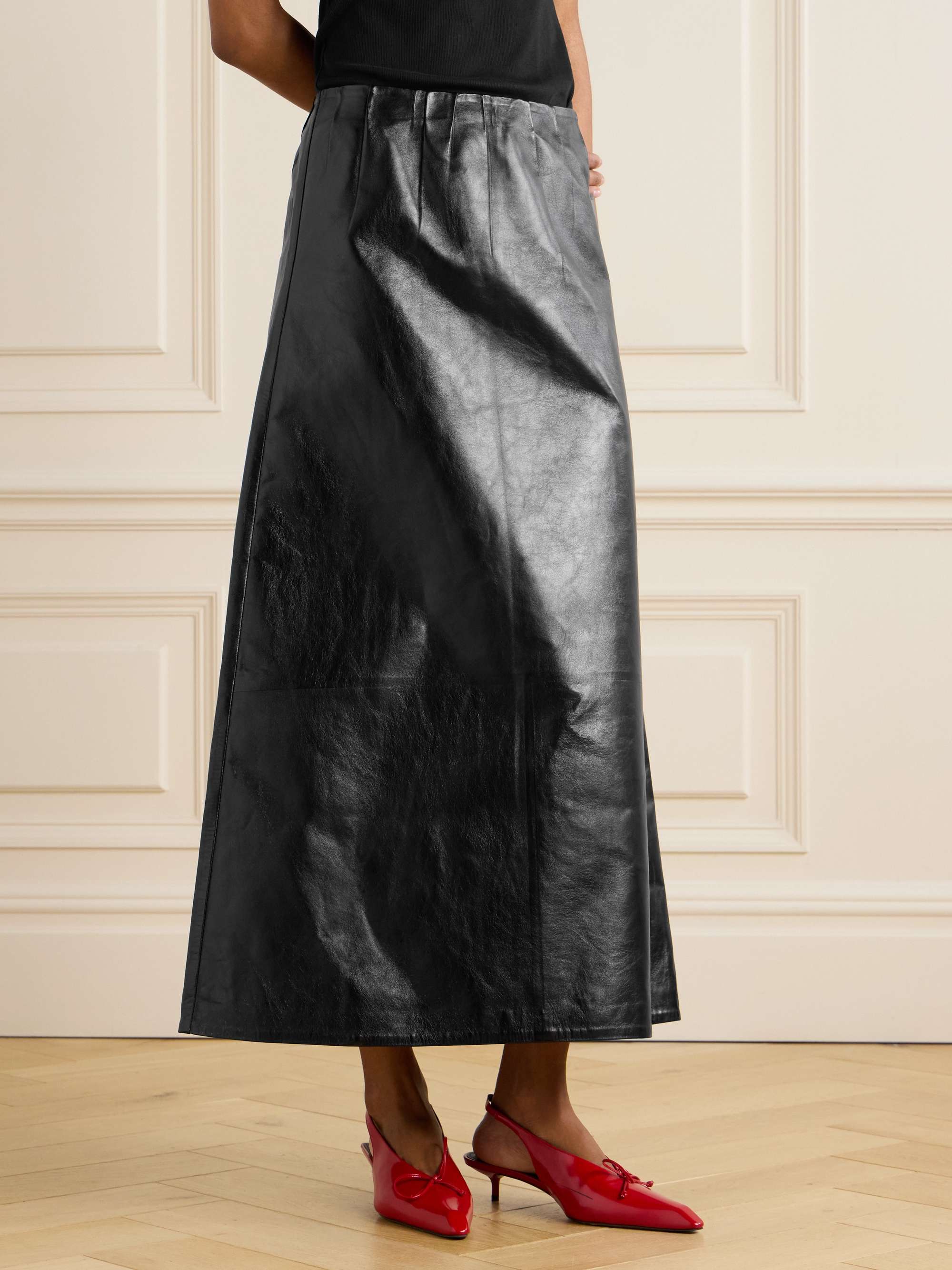 Paneled crinkled-leather midi skirt view