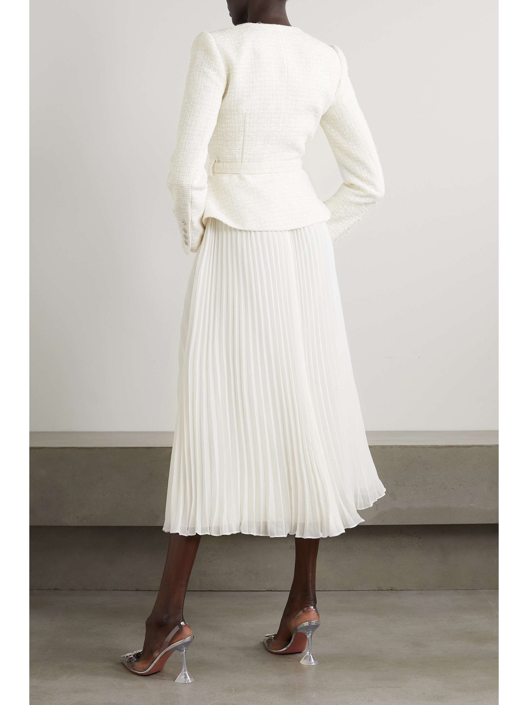 Pleated georgette and sequin-embellished metallic bouclé midi dress view