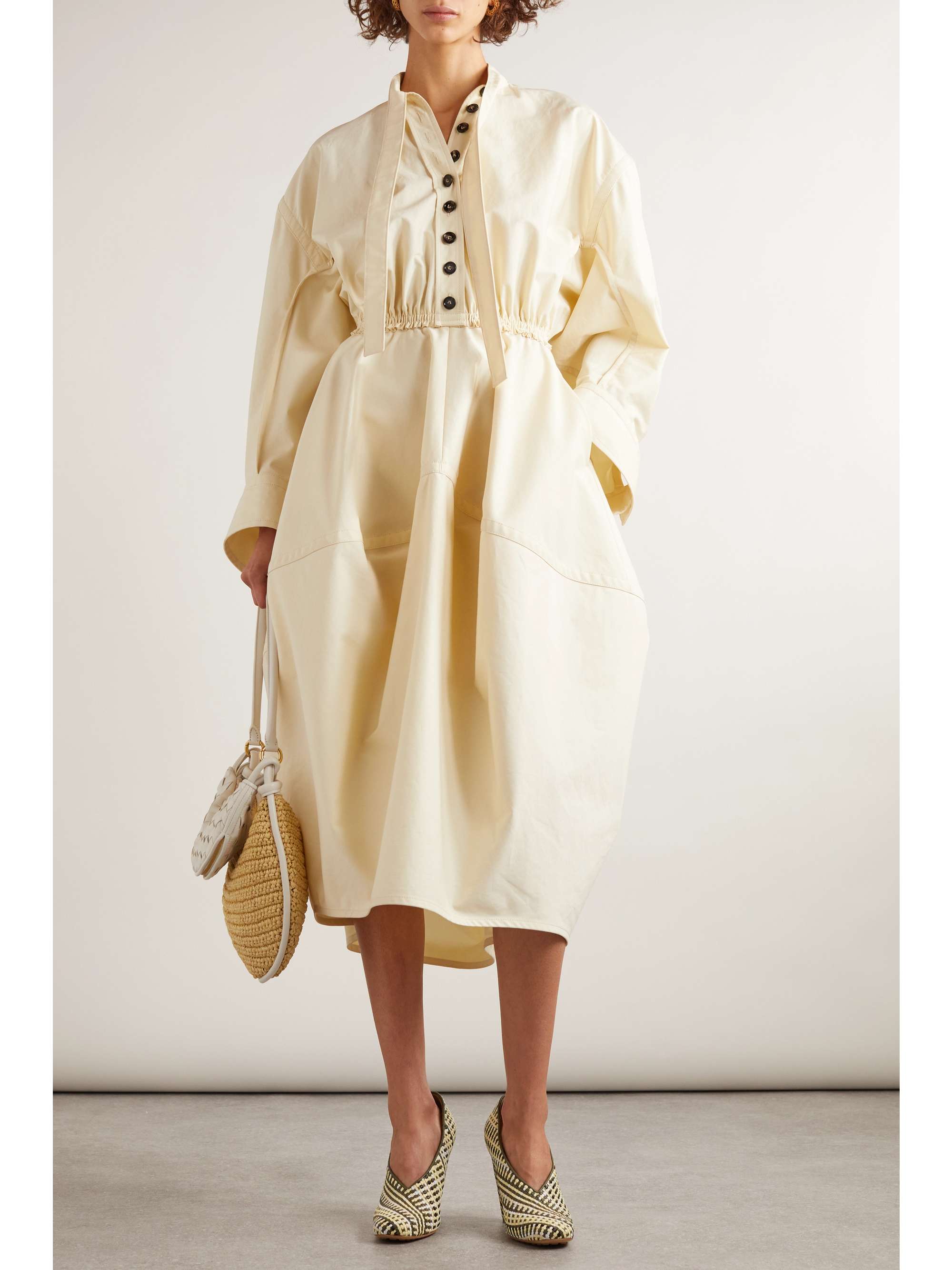 Tie-detailed gathered cotton-twill midi shirt dress view