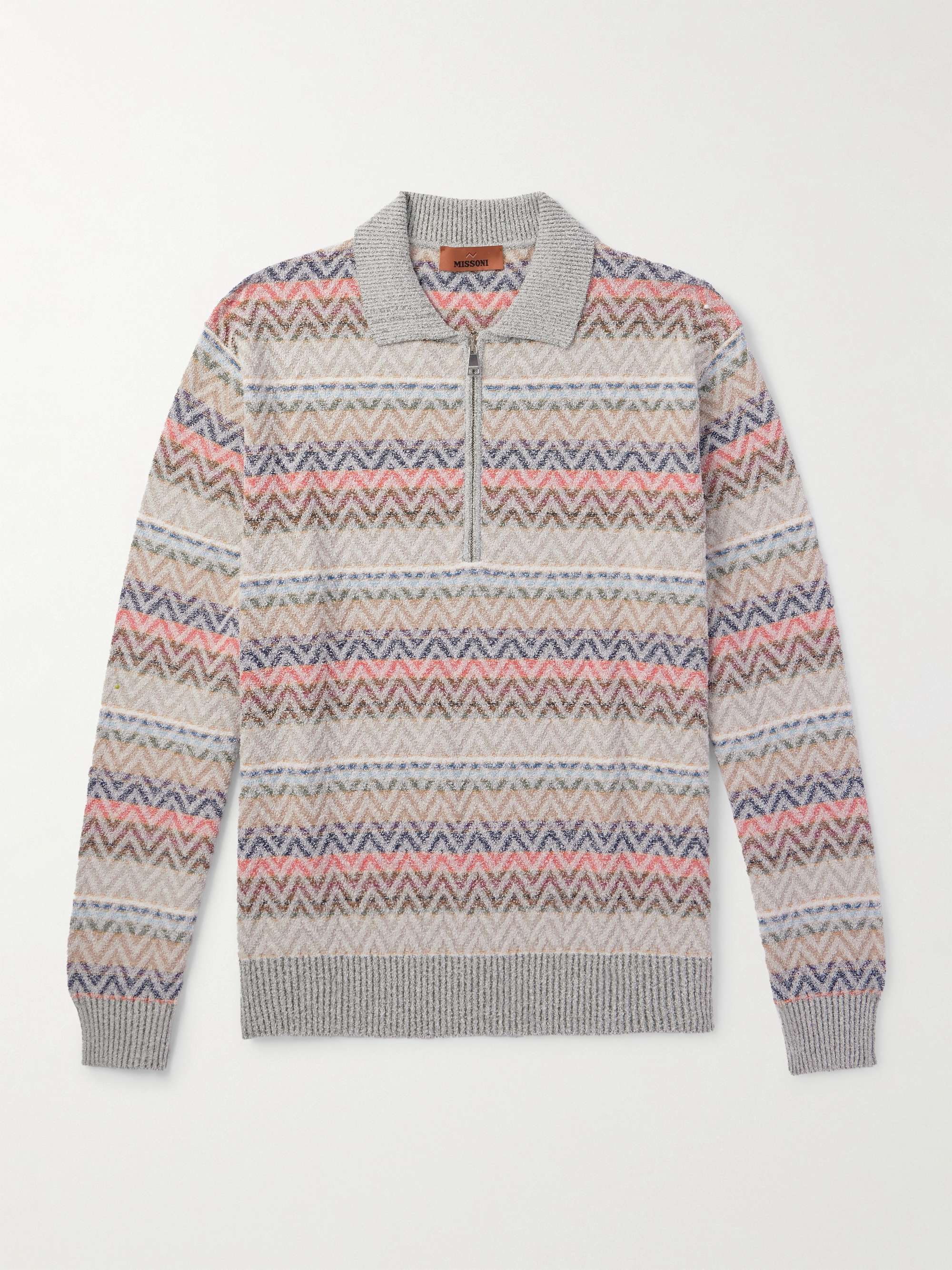 Striped Cotton-Blend Jacquard Half-Zip Polo Shirt view