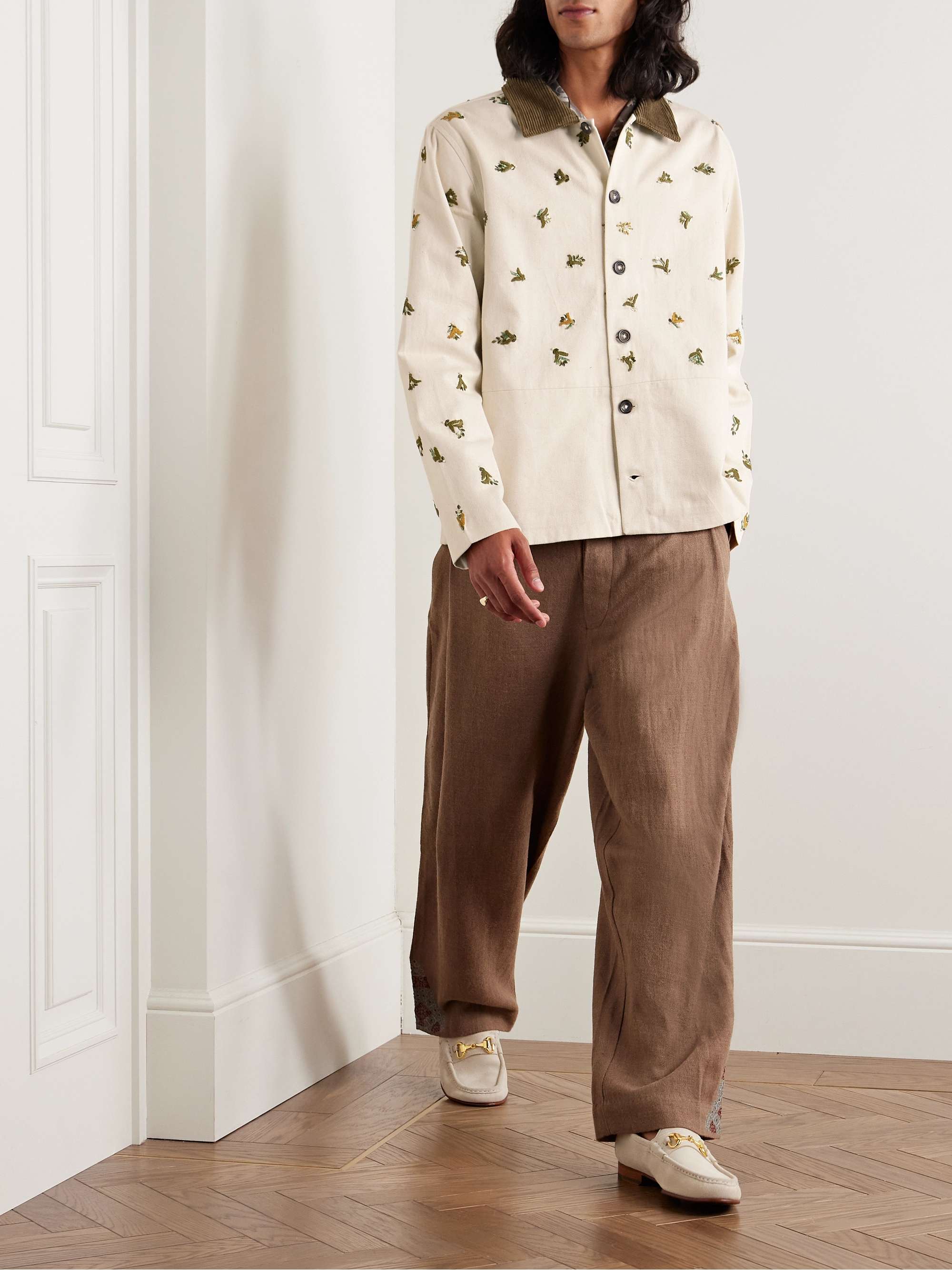 Corduroy-Trimmed Embroidered Embellished Cotton-Twill Jacket view