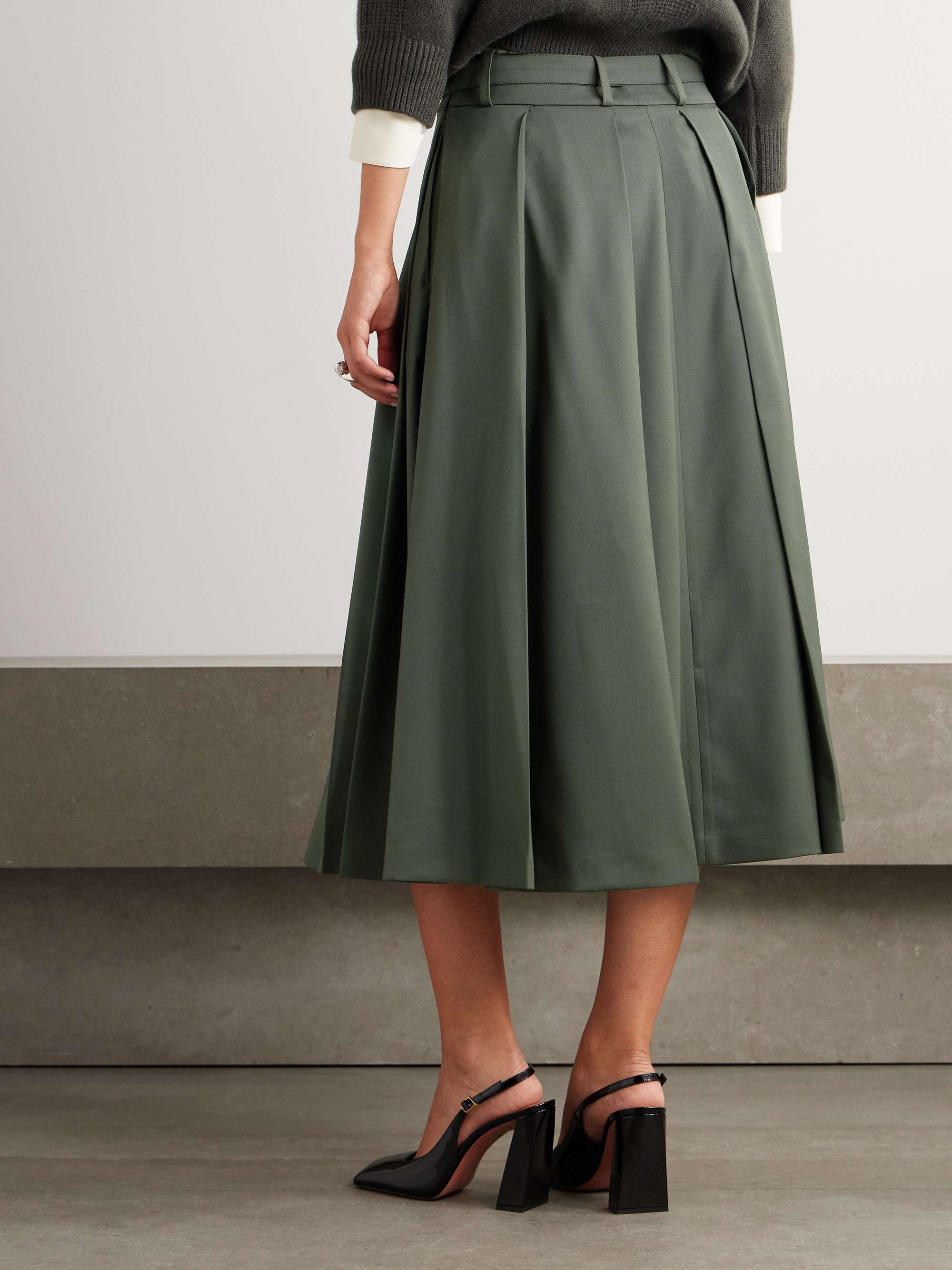 Belted pleated stretch-wool twill midi skirt view