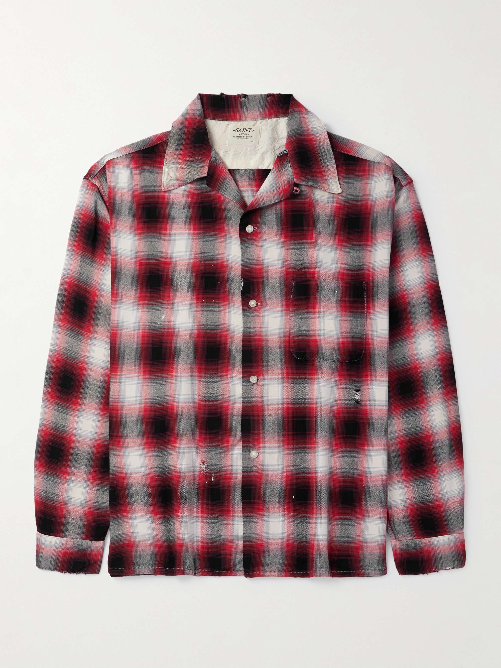 + LASTMAN Convertible-Collar Distressed Paint-Splattered Checked Oxford Shirt view