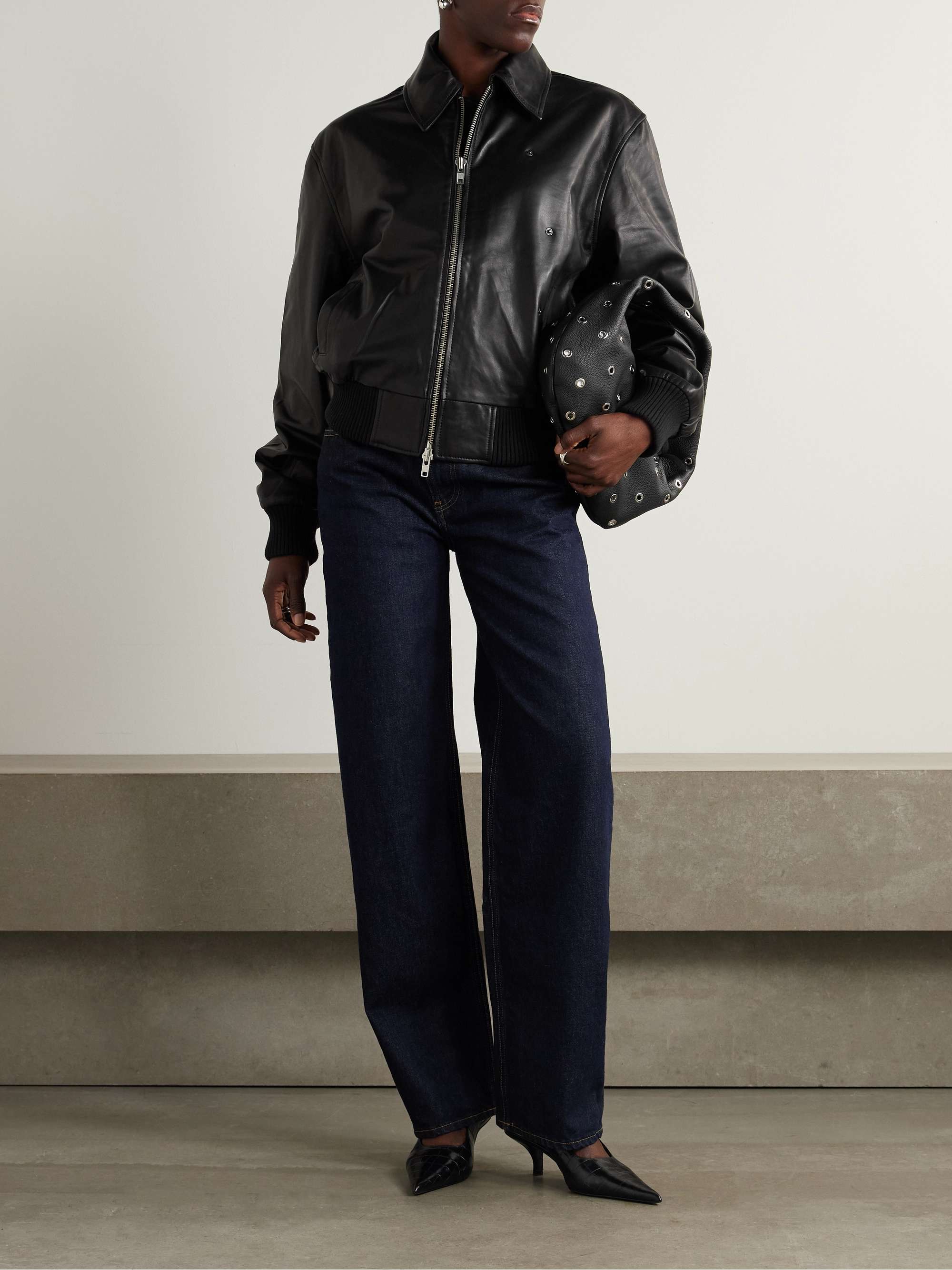 Embellished leather bomber jacket view