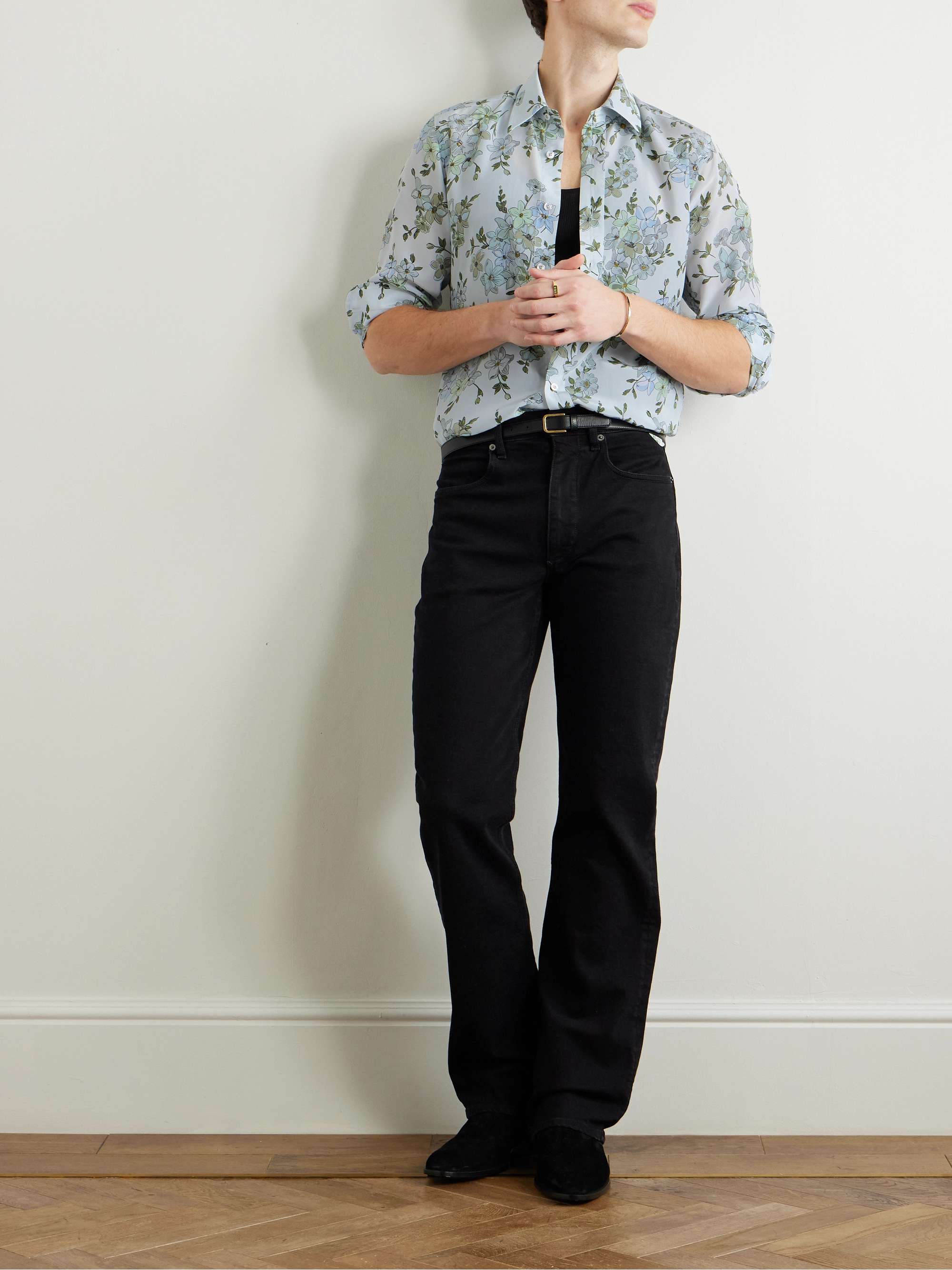 Slim-Fit Floral-Print Silk-Crepe Shirt view