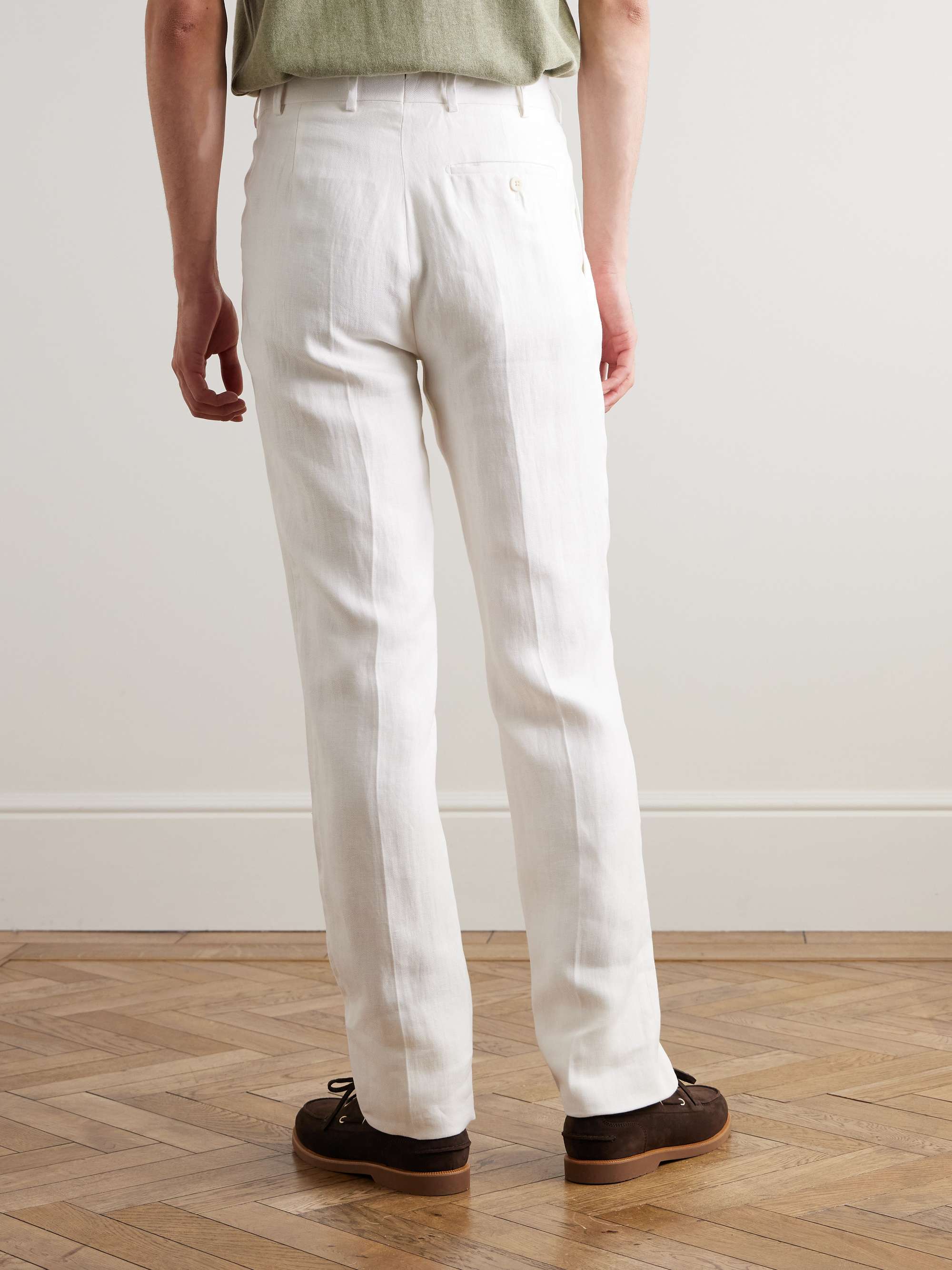 Tapered Pleated Herringbone Linen-Twill Suit Trousers view