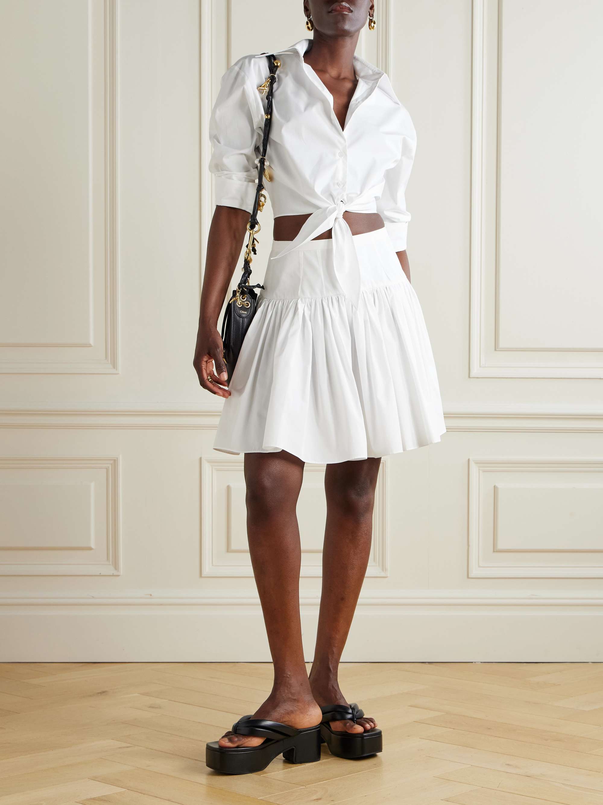 Cropped tie-front cotton-blend poplin shirt view